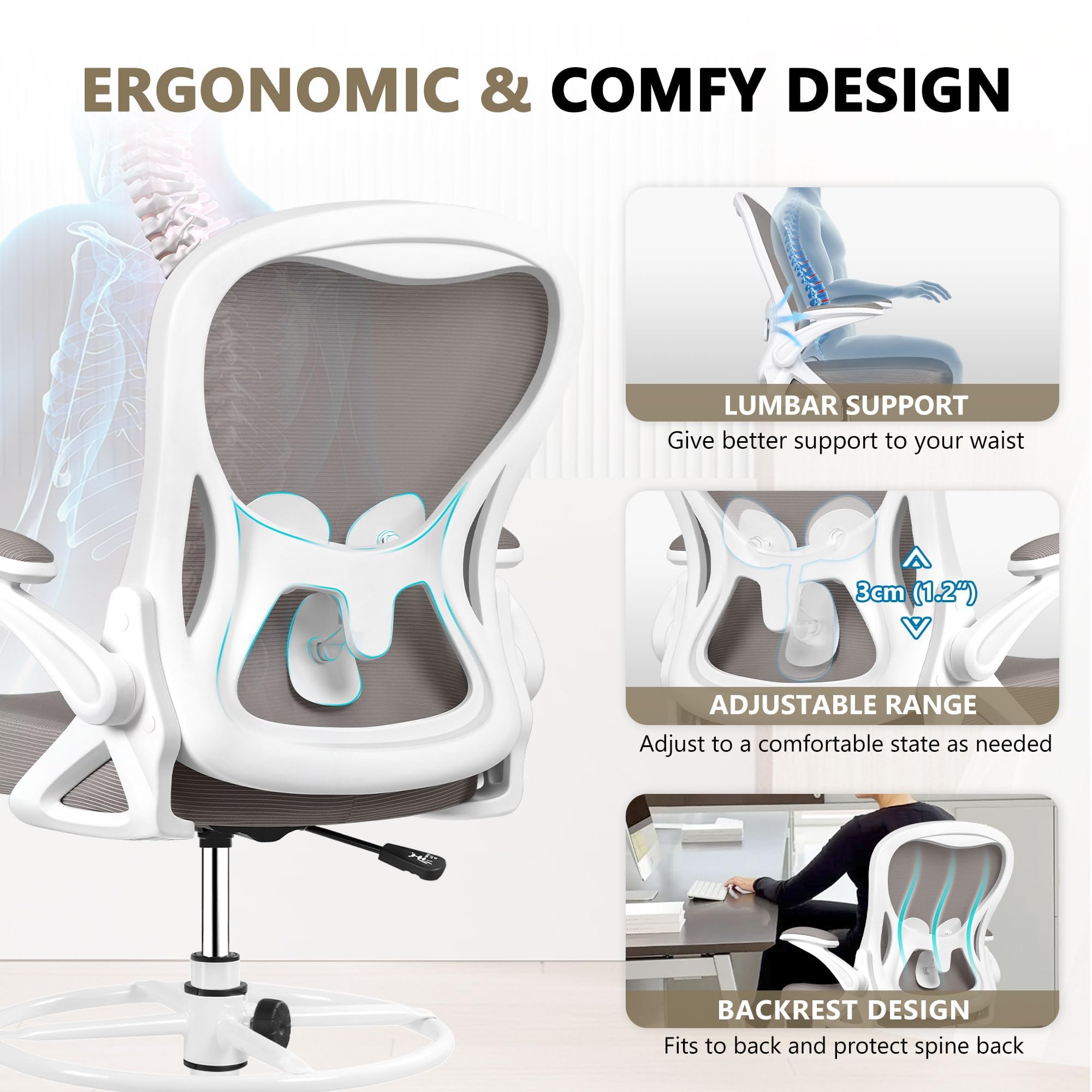 Ergonomic Drafting Chair - Adjustable Height Office Chair with Lumbar Support, Swivel & Rolling Base, Flip-Up Armrests & Foot Ring for Standing Desk - Perfect for Architects, Artists & Home Office (Gray)