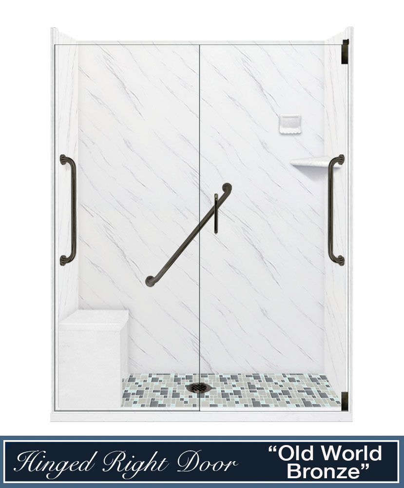 Freedom Carrara Marble Newport Mosaic Alcove Shower Enclosure Kit - Premium Bathroom Upgrade for Modern Homes, Spa-Like Shower Experience