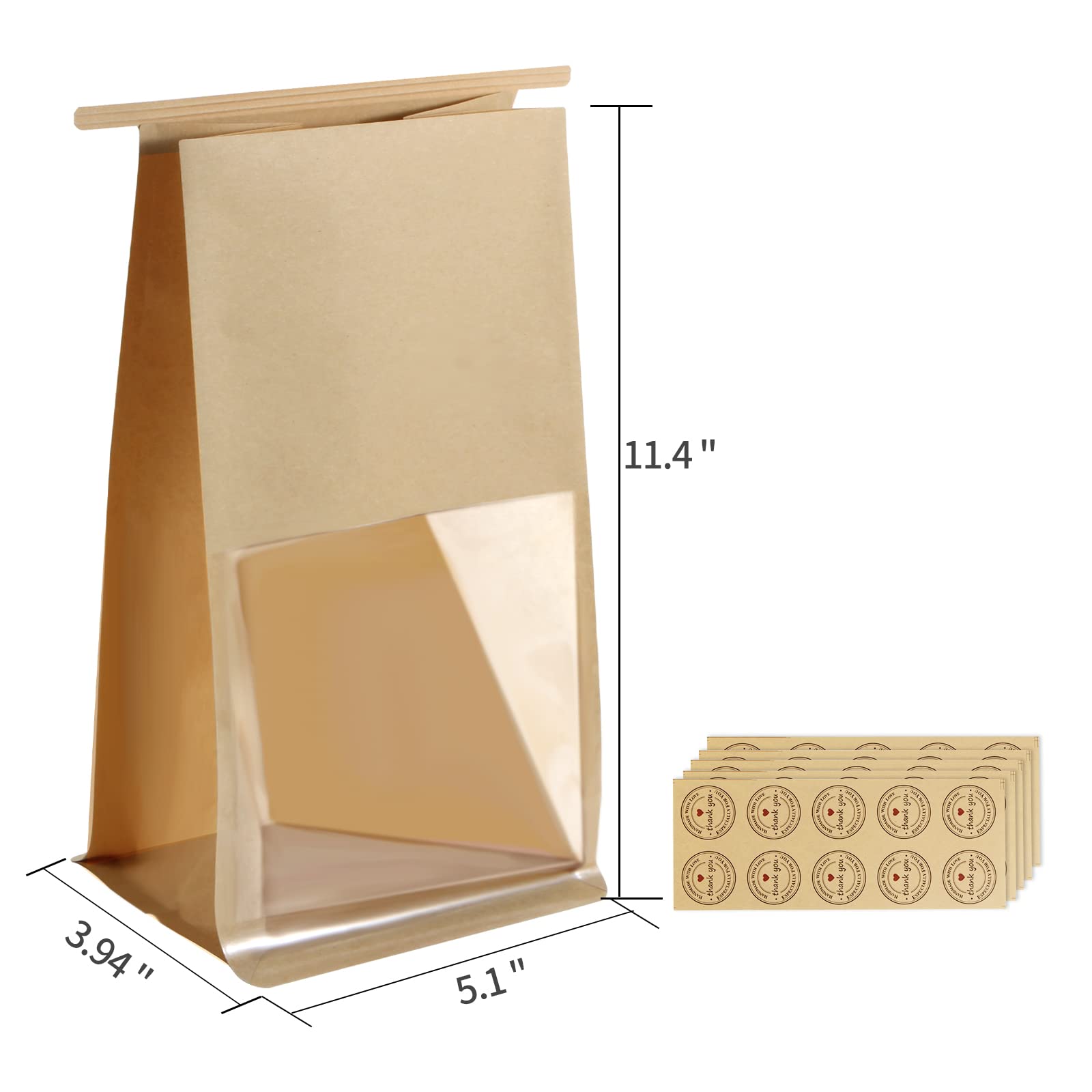 50pcs Kraft Paper Bakery Bags with Window, 5.1x4.3x11 Inches - Tin Tie Tab Lock Candy & Cookie Bags for Gift Giving, Party Favors, Wedding Treats, and Holiday Packaging