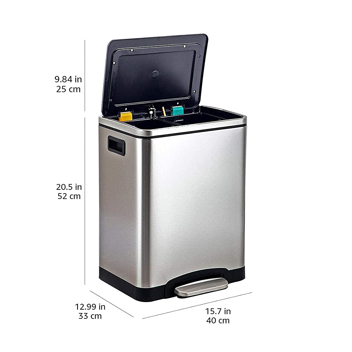 Amazon Basics 30L (2 x 15L) Rectangular Stainless Steel Step Trash Can with Dual Compartments and Soft-Close Lid - Ideal for Kitchen, Bathroom, Office, or Home Use