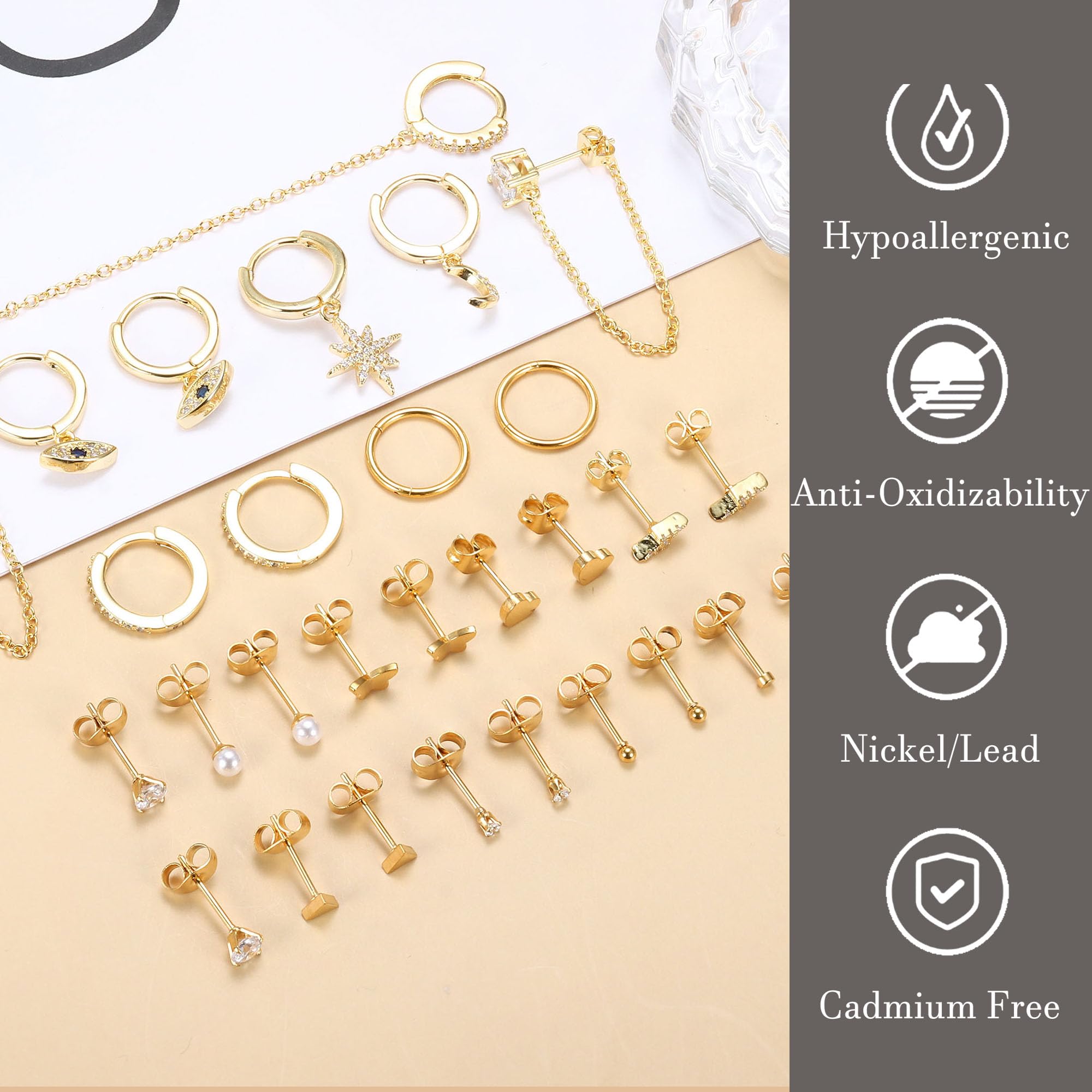 JeweBella 29Pcs Dangle Hoop Earrings for Women - Stainless Steel Evil Eye, Star & Moon Hanging Hoops - Hypoallergenic Gold/Silver Chain Earring Set with Mini Pearl & Zircon Studs - Perfect for Parties, Weddings & Everyday Wear