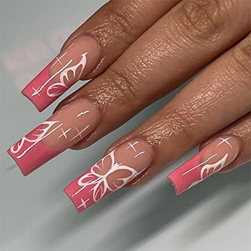 DOCVOEOMH Press on Nails Long Coffin Shape - 24PCS Red Acrylic Fake Nails with White Butterfly Design, Reusable Full Cover Gel Nails Kit with Glue for Women, Perfect for Parties, Weddings, and Special Occasions