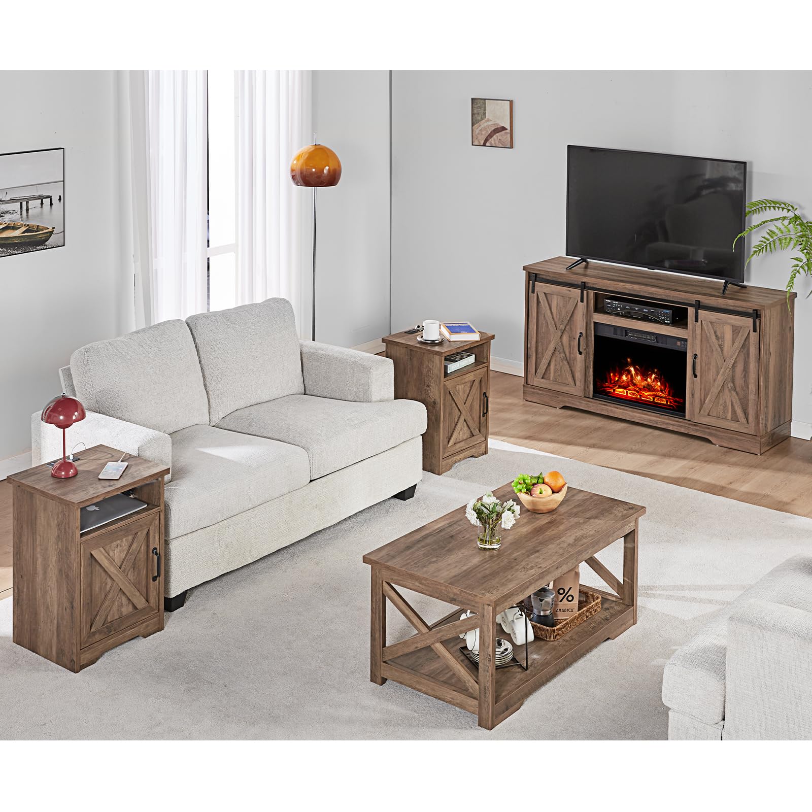 AMERLIFE 5-Piece Farmhouse Table Set with Fireplace TV Stand, Coffee Table & 2 End Tables - USB Charging Station, Rustic Barnwood Design for Living Room, Family Gatherings & Cozy Home Decor