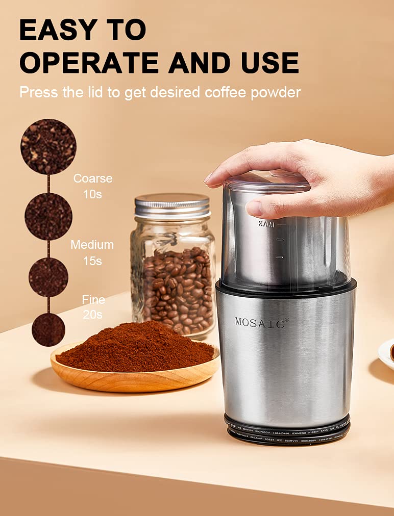 Electric Coffee Grinder & Spice Blender - 2 Stainless Steel Bowls for Coffee Beans, Herbs, Nuts & Spices | Dishwasher Safe | Perfect for Home Kitchen, Espresso & Baking Use