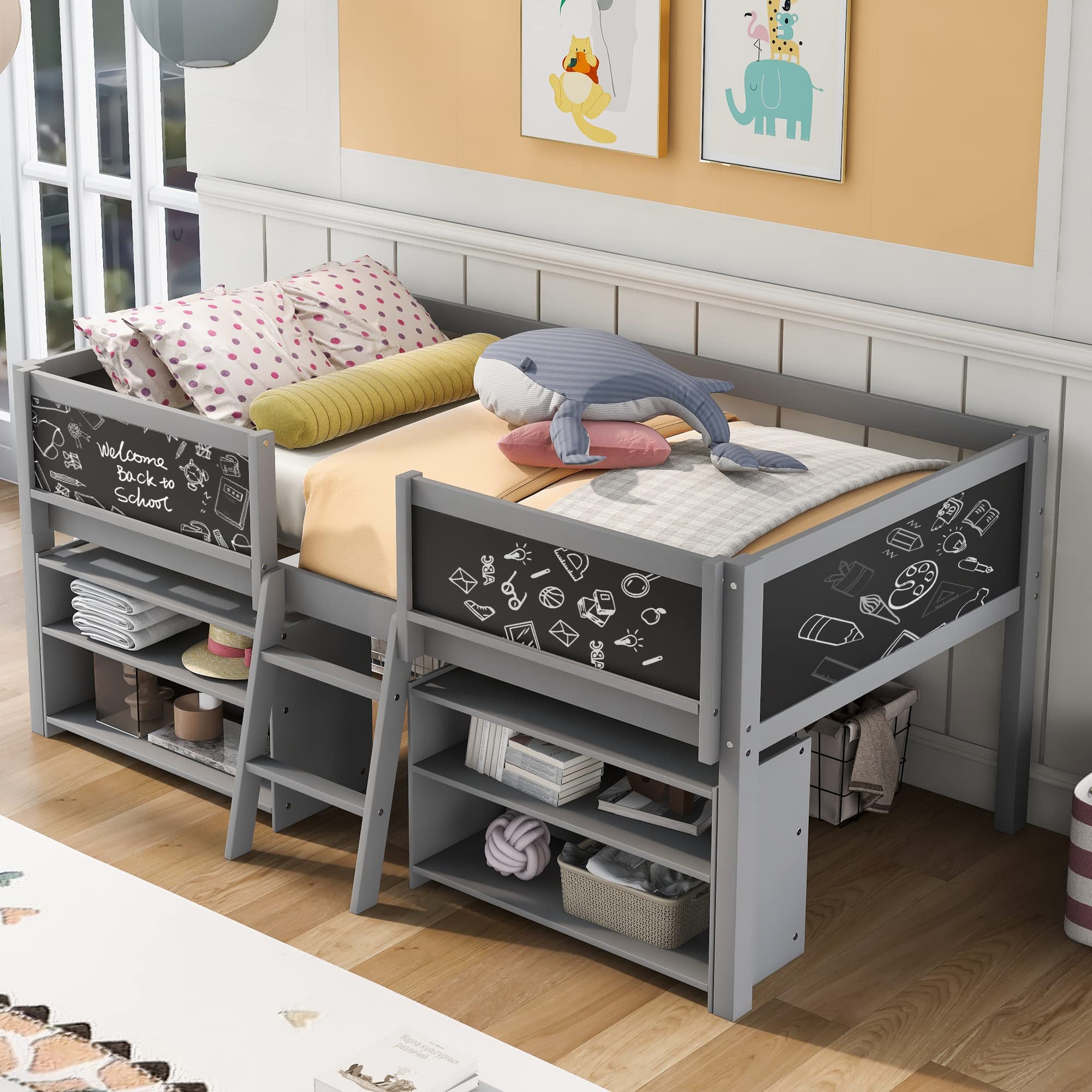 Wooden Twin Size Loft Bed with Two Movable Shelves & Chalkboard - Space-Saving Kids Loft Bed Frame for Boys & Girls, Grey - Perfect for Small Bedrooms, Playrooms & Dorm Rooms