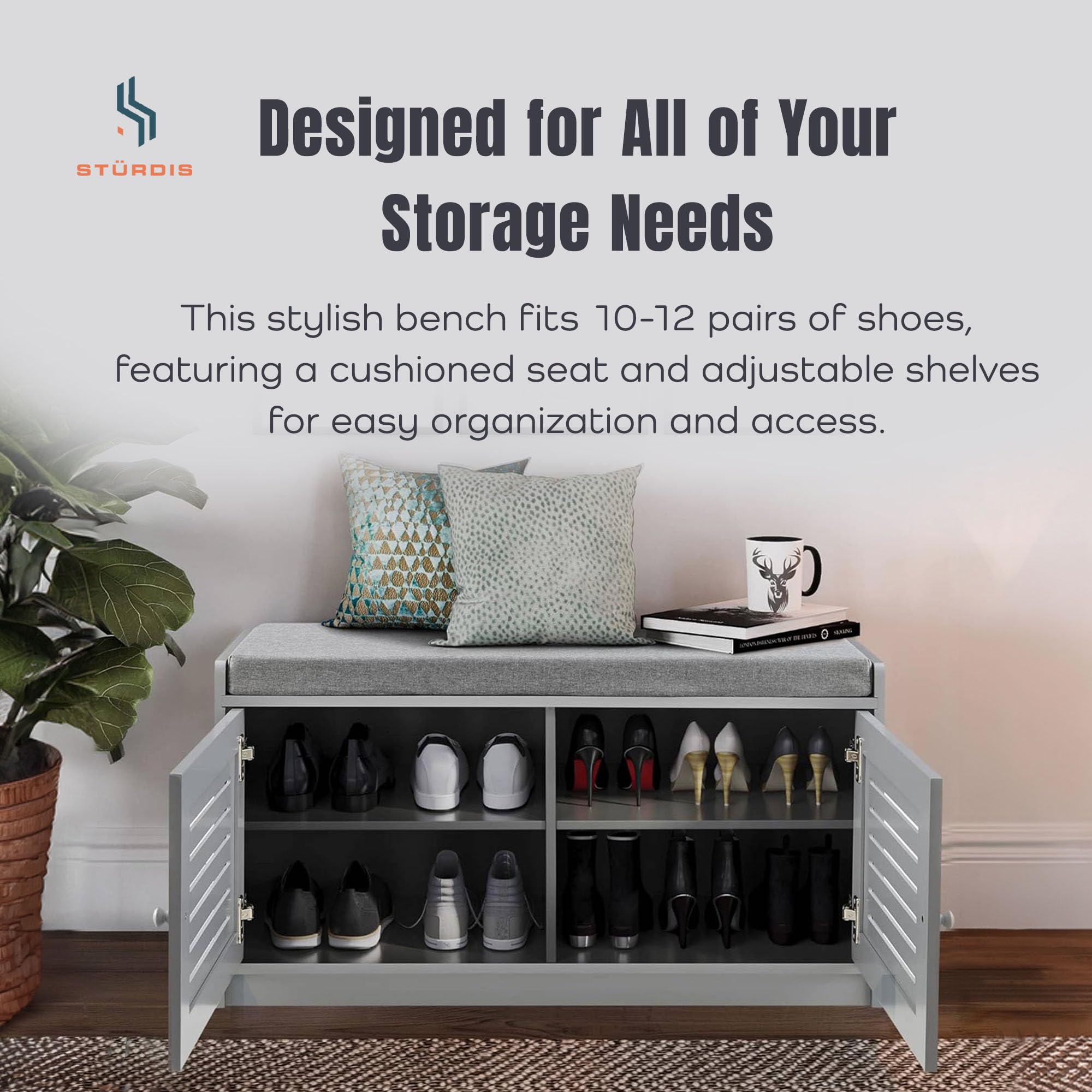 Gray Wooden Shoe Storage Bench with Cushioned Seat & Adjustable Shelves - Entryway Organizer for Hallway, Living Room or Bedroom - Perfect for Small Space Organization & Quick Shoe Access