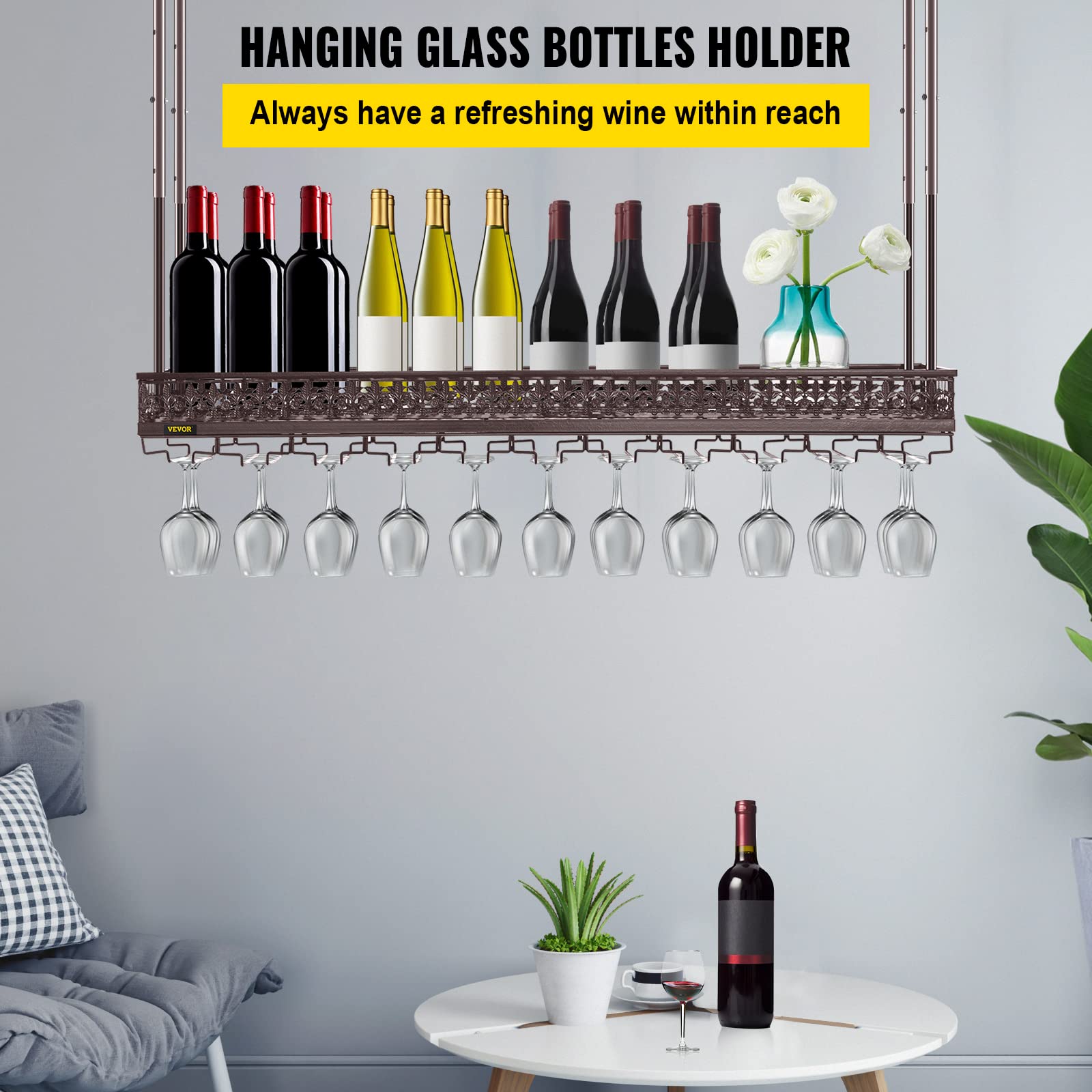 VEVOR Copper Ceiling Wine Glass Rack - 46.9 x 13 Inch Adjustable Height (18.9-35.8 Inch) - Holds 33 Glasses & 33 lbs - Modern Style for Home Bar, Restaurant, or Wine Cellar Storage