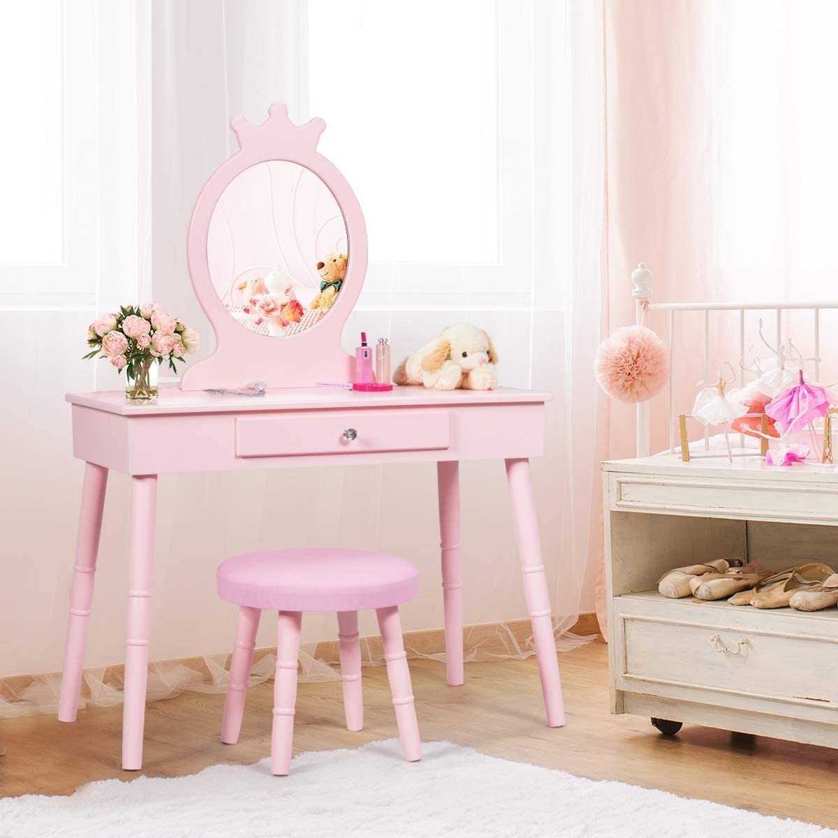 Firflowery Princess Vanity Set for Girls Ages 3+ - Pink & White Kids Dressing Table with Mirror, Detachable Top & Matching Stool - Perfect for Pretend Play, Birthday Gifts & Bedroom Decor
