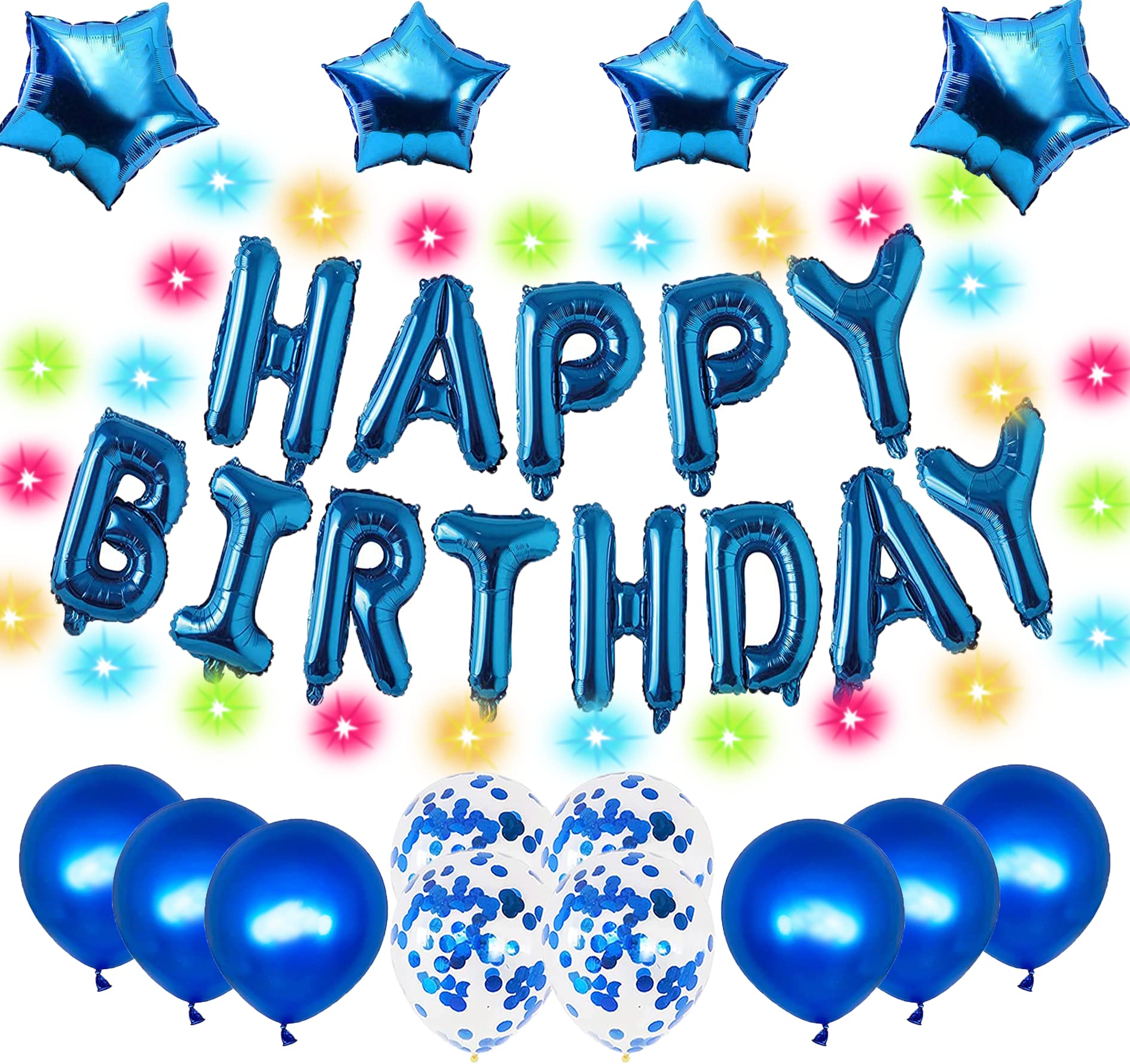 Happy Birthday Balloons Banner Decorations - LED Party Lights with Star & Letter Foil Confetti - Blue Latex Balloon Supplies for Birthday Parties, Baby Showers & Celebrations
