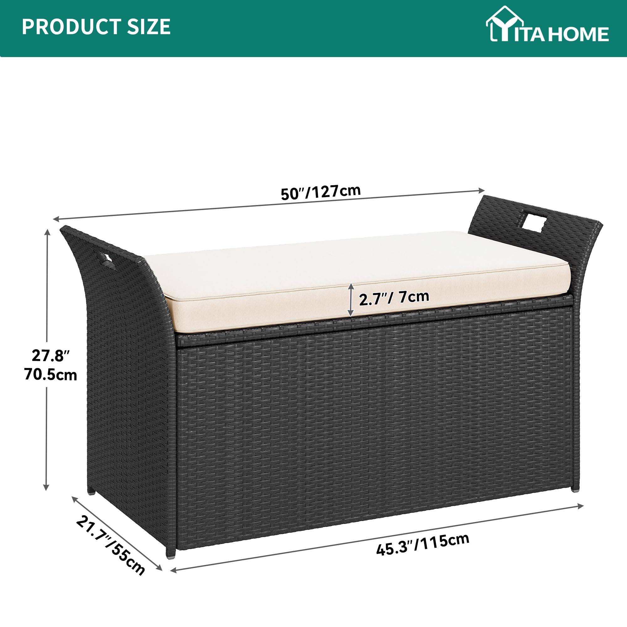 YITAHOME 90 Gallon Outdoor Wicker Storage Bench with Cushion - Large PE Rattan Deck Box with Handles & Hydraulic Lid - Perfect for Patio Furniture Storage, Garden Tools, Pool & Sports Equipment (Black & Beige) | Weatherproof Outdoor Storage Solution for Backyard, Deck & Poolside Organization