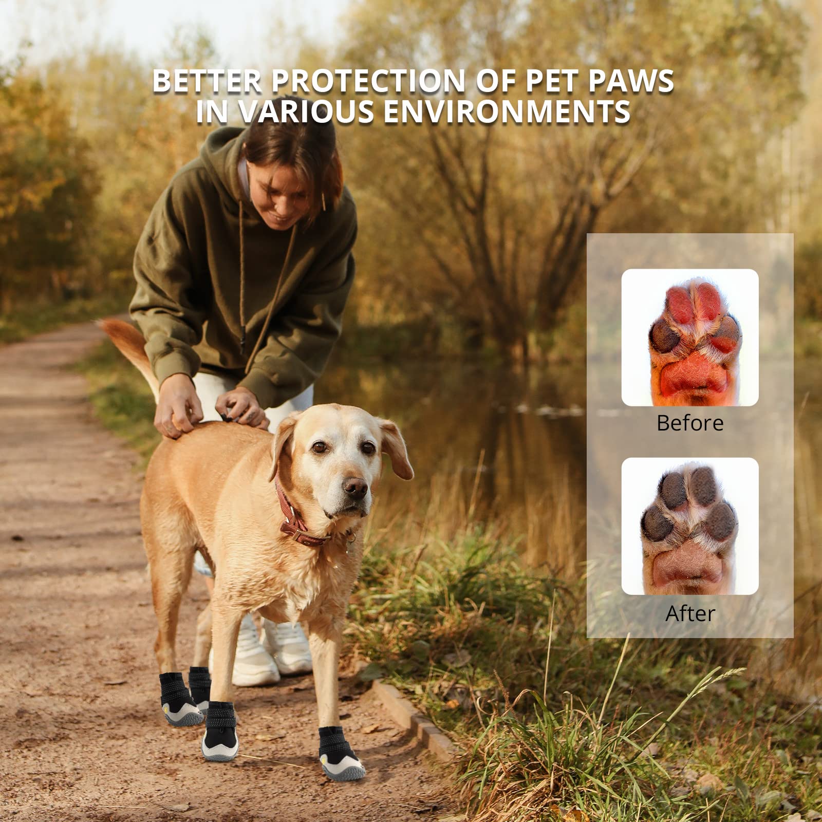 **Anti-Slip Waterproof Dog Boots for Small to Large Dogs - Reflective & Breathable Paw Protectors for Snow, Hot Pavement & Outdoor Adventures (4Pcs)**    *(Use Cases: Perfect for winter snow, summer hot pavement, hiking, and daily walks to protect your dog's paws!)*