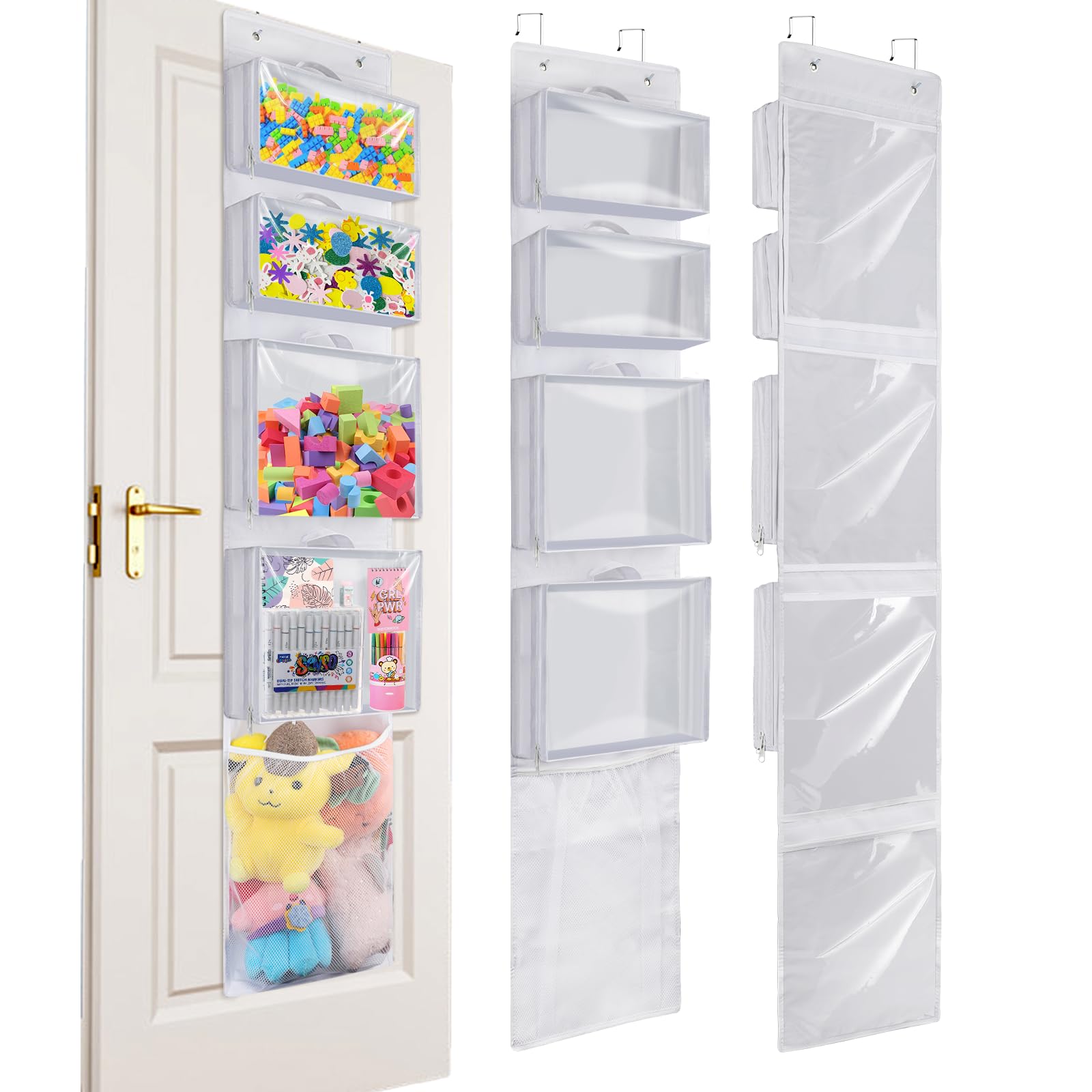 Over Door Organizer with 4 Clear Removable Pouches - Hanging Toy Storage for Stuffed Animals, Building Blocks & Puzzles - Kids Room & Playroom Closet Organization Solution - Perfect for Nursery, Daycare & Home Organization