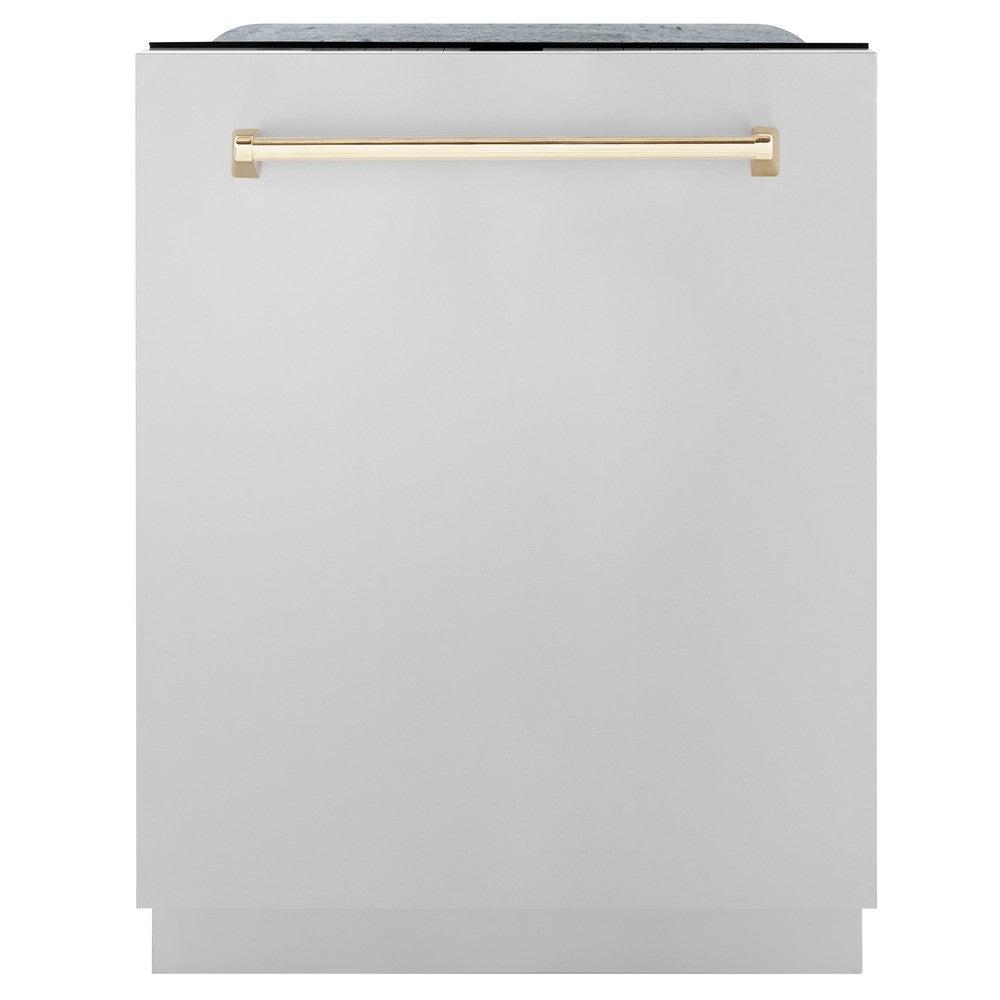 ZLINE Autograph Edition 24 Inch Stainless Steel Dishwasher with Polished Gold Handle - 3rd Rack, Top Touch Controls, 45dBA Ultra Quiet - Perfect for Modern Kitchens & Open Concept Homes (Model DWMTZ 304 24 G)