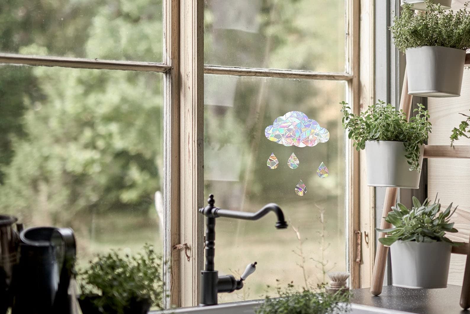 Cloud and Raindrops Suncatcher Window Decal - Rainbow Maker & Stained Glass Effect Window Sticker for Home Decor, Nursery, Office - Creates Beautiful Rainbow Reflections