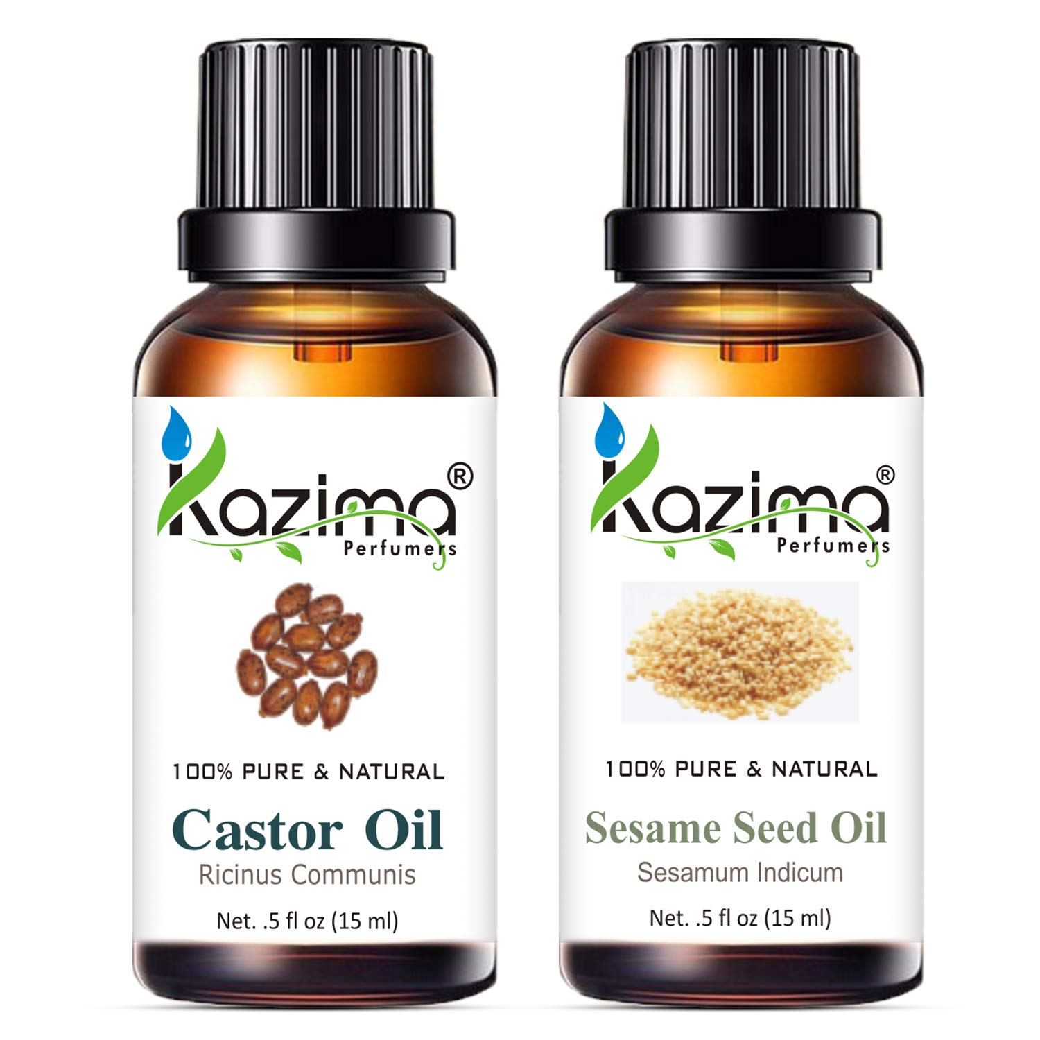 KAZIMA 100% Pure Cold Pressed Castor Oil & Sesame Oil Combo - 15ml Each | Natural Carrier Oil for Hair Growth, Skin Care & Massage | Perfect for DIY Beauty, Aromatherapy & Natural Remedies