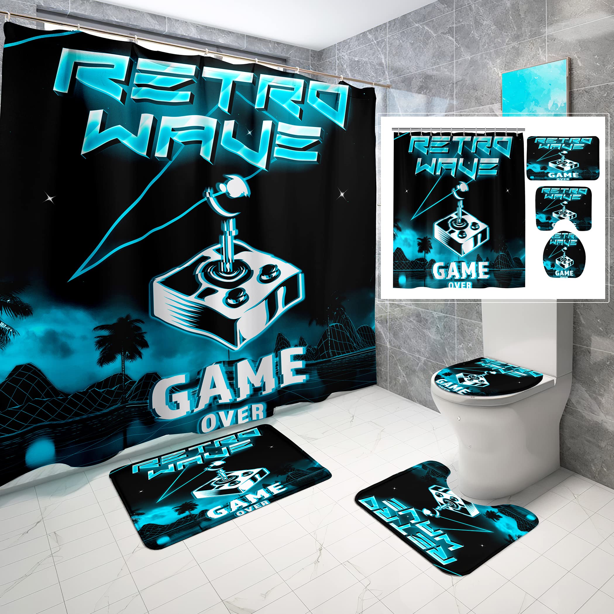 4Pcs Gaming Themed Shower Curtain Set - Waterproof Fabric Game Controller Design with Non-Slip Bath Rug, Toilet Lid Cover & Bath Mat - Includes 12 Hooks for Boys & Teens Bedroom or Game Room Decor