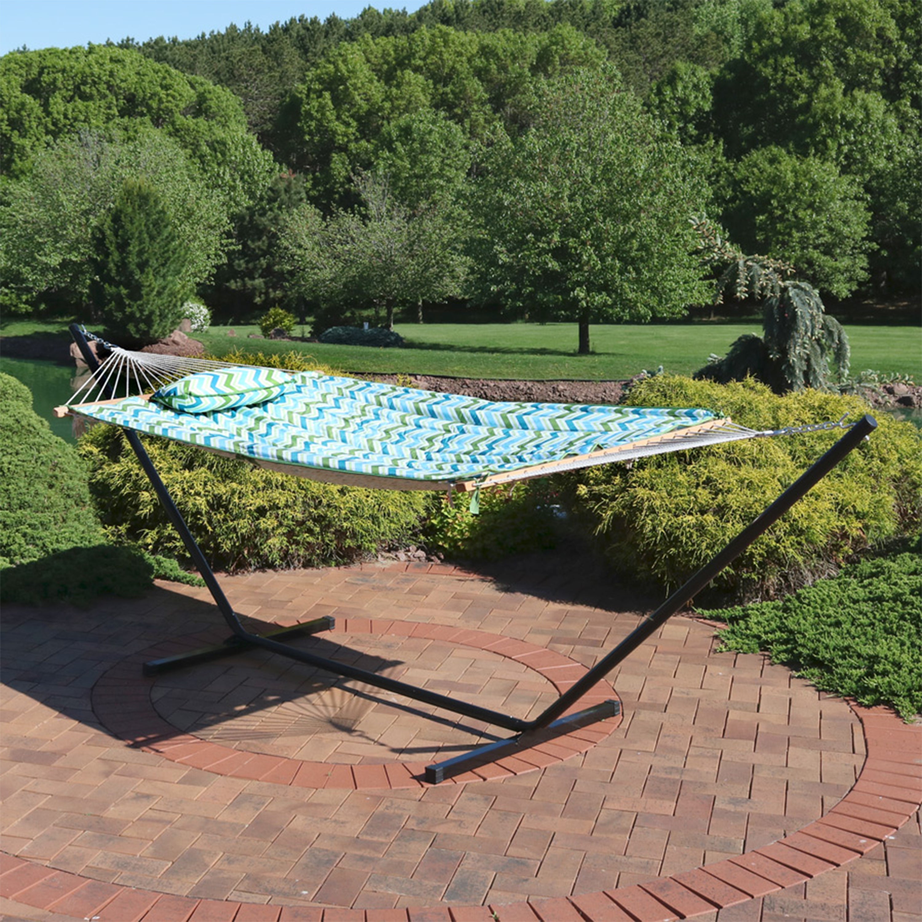 Premium Sunnydaze Rope Hammock with 12-Foot Steel Stand, Comfortable Pad & Pillow - Perfect for Backyard Relaxation, Beach Lounging & Outdoor Camping