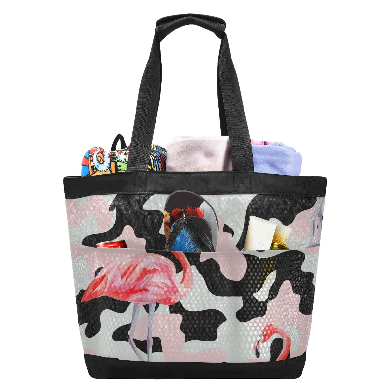 **Waterproof Camouflage Flamingo Beach Bag - Large Mesh Travel Tote for Pool, Gym & Yoga - Perfect for Summer Outings, Vacations & Sports**