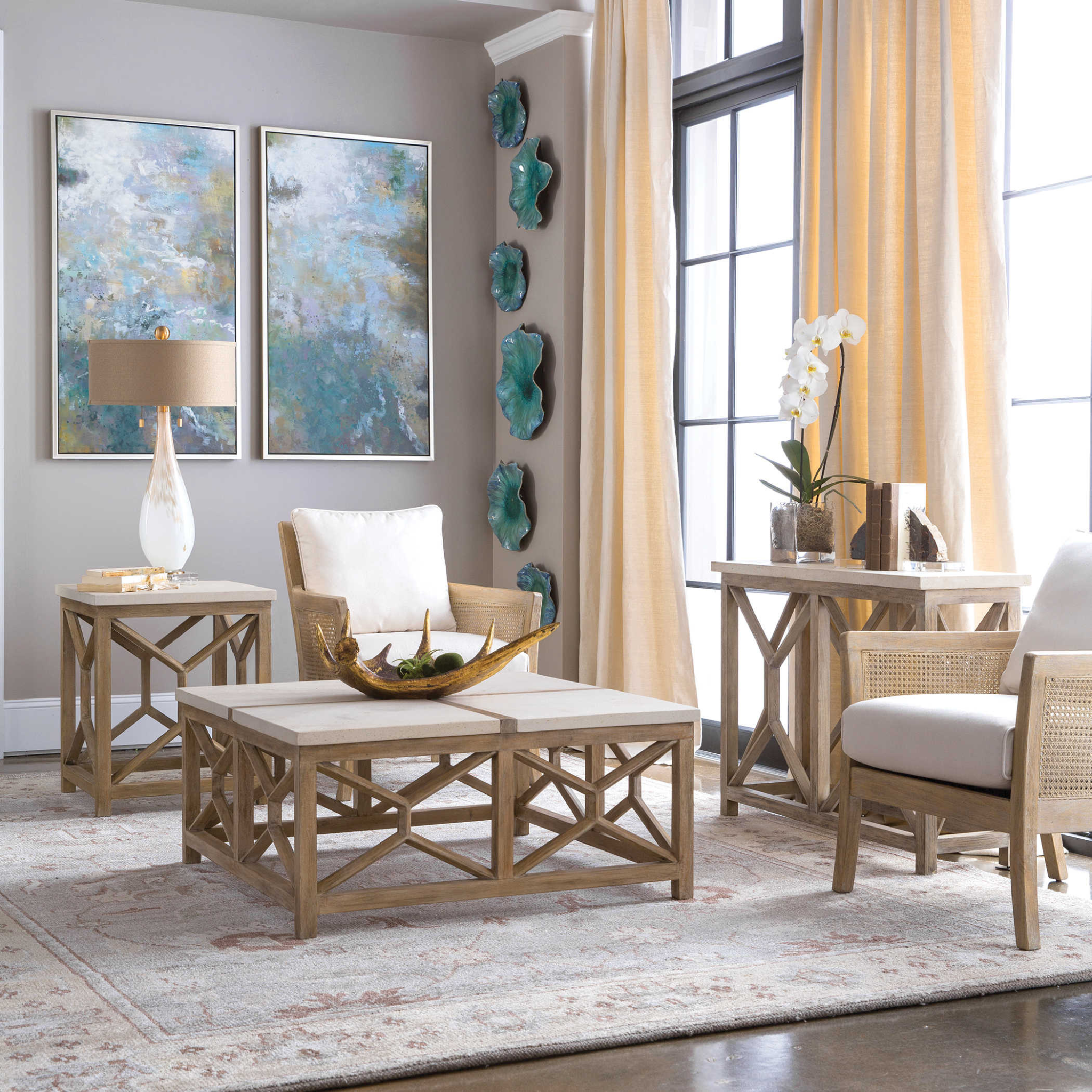 Bleached Sandstone Hardwood & Cane Arm Chair - Mid-Century Modern Dining Chair for Kitchen, Living Room & Office - Comfortable & Stylish Seating Solution