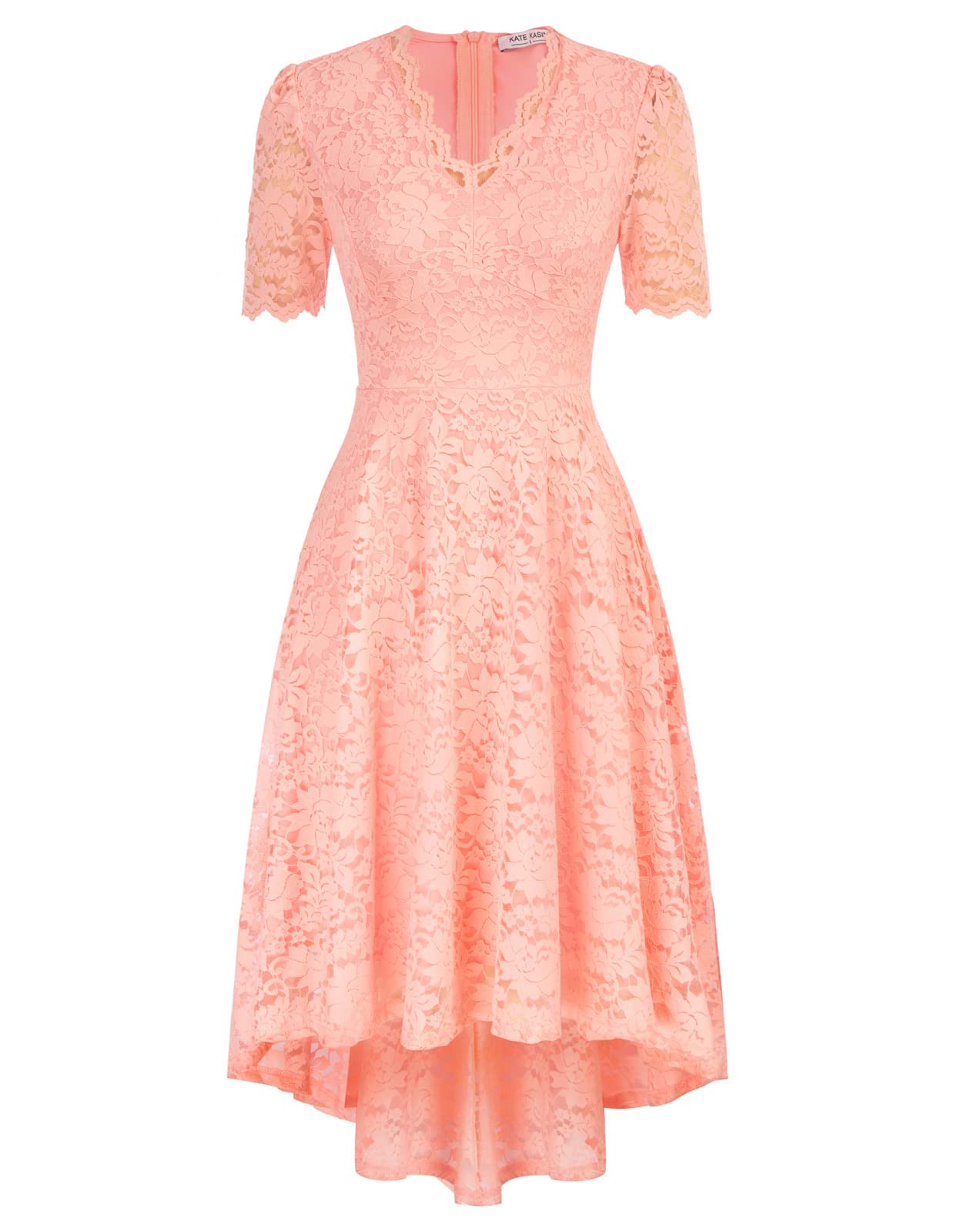 Elegant Scalloped V-Neck Lace High-Low Cocktail Dress for Women - Wedding Guest, Bridesmaid & Evening Party Midi Dress - Perfect for Cocktail Parties, Weddings & Formal Events