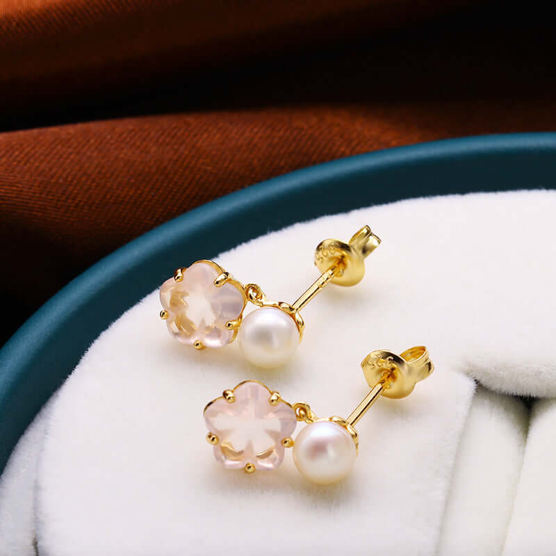 925 Sterling Silver Flower Rose Quartz Pearl Drop Earrings for Women | Elegant Dangle Jewelry Gift for Valentine's Day, Anniversary & Special Occasions | TB1459