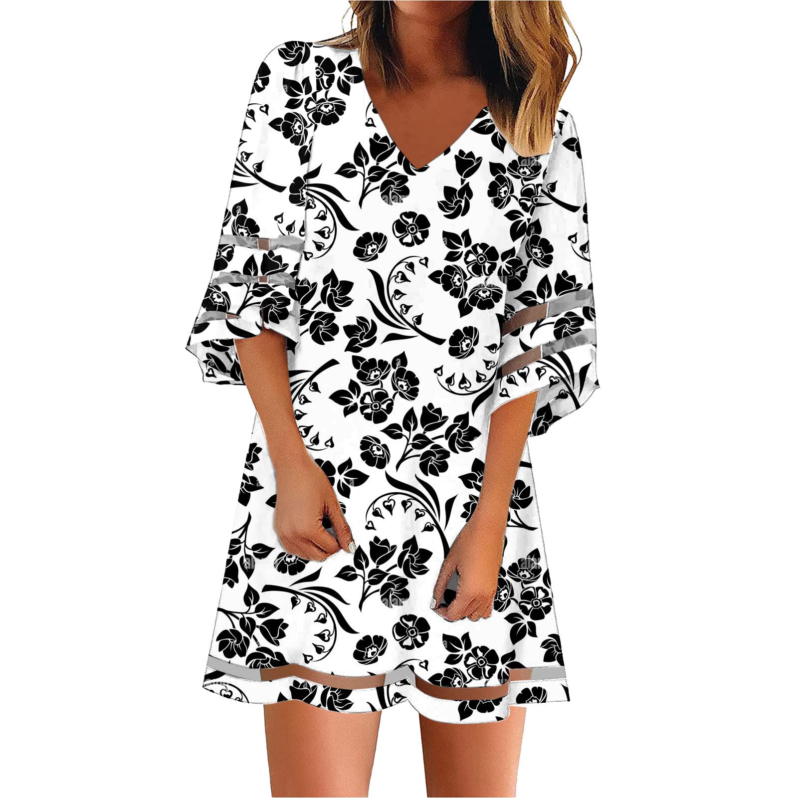 Women's Stretchy Elastic Waist Summer Dress - V-Neck Casual Solid Color Midi Dress with 3/4 Sleeves | Perfect for Beach, Vacation & Everyday Wear