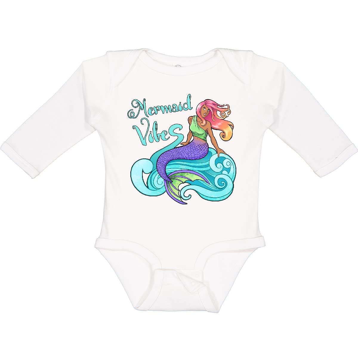Inktastic Mermaid Vibes Long Sleeve Creeper - Pink & Yellow Hair Mermaid Design | Cute Graphic Tee for Women, Girls | Perfect for Beach Parties, Mermaid Themed Events & Casual Wear