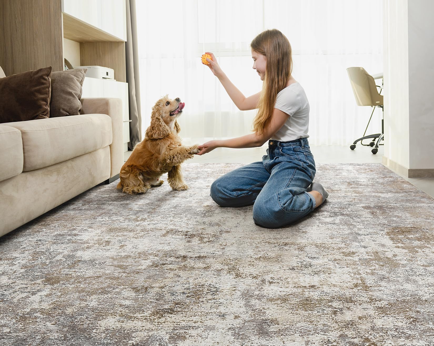 9x12 Washable Modern Abstract Area Rug - Soft Non-Slip Neutral Brown Grey Large Indoor Carpet for Living Room, Bedroom, Dining Table & Home Office Decor | Perfect for Cozy Spaces & High-Traffic Areas