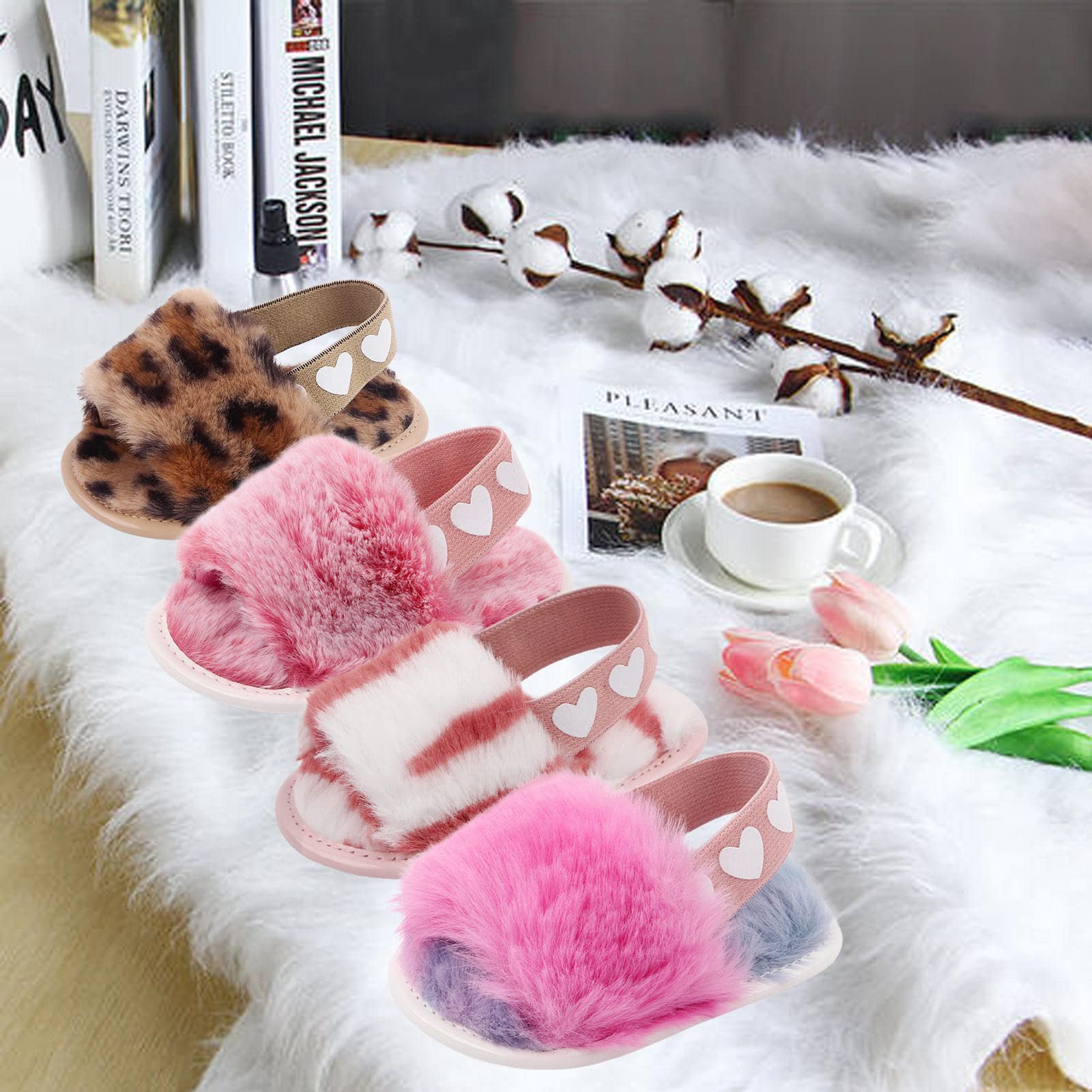 2 Pack Baby Girls Sandals - Soft Elastic Back Strap First Walker Shoes | Faux Fur House Slippers for Toddlers (Pink/White) - Perfect for Indoor Play, Nursery & Princess Dress Up