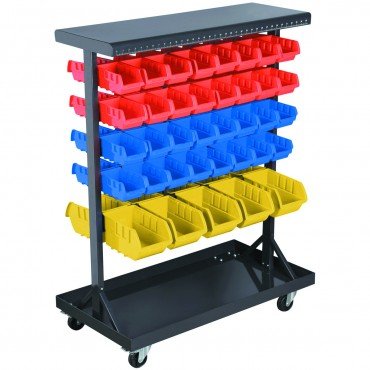 36 x 12 x 45 Inch Mobile Double-Sided Storage Rack with 74 Bins & Non-Marking Swivel Casters - Perfect for Warehouse Organization, Retail Display, and Home Storage Solutions