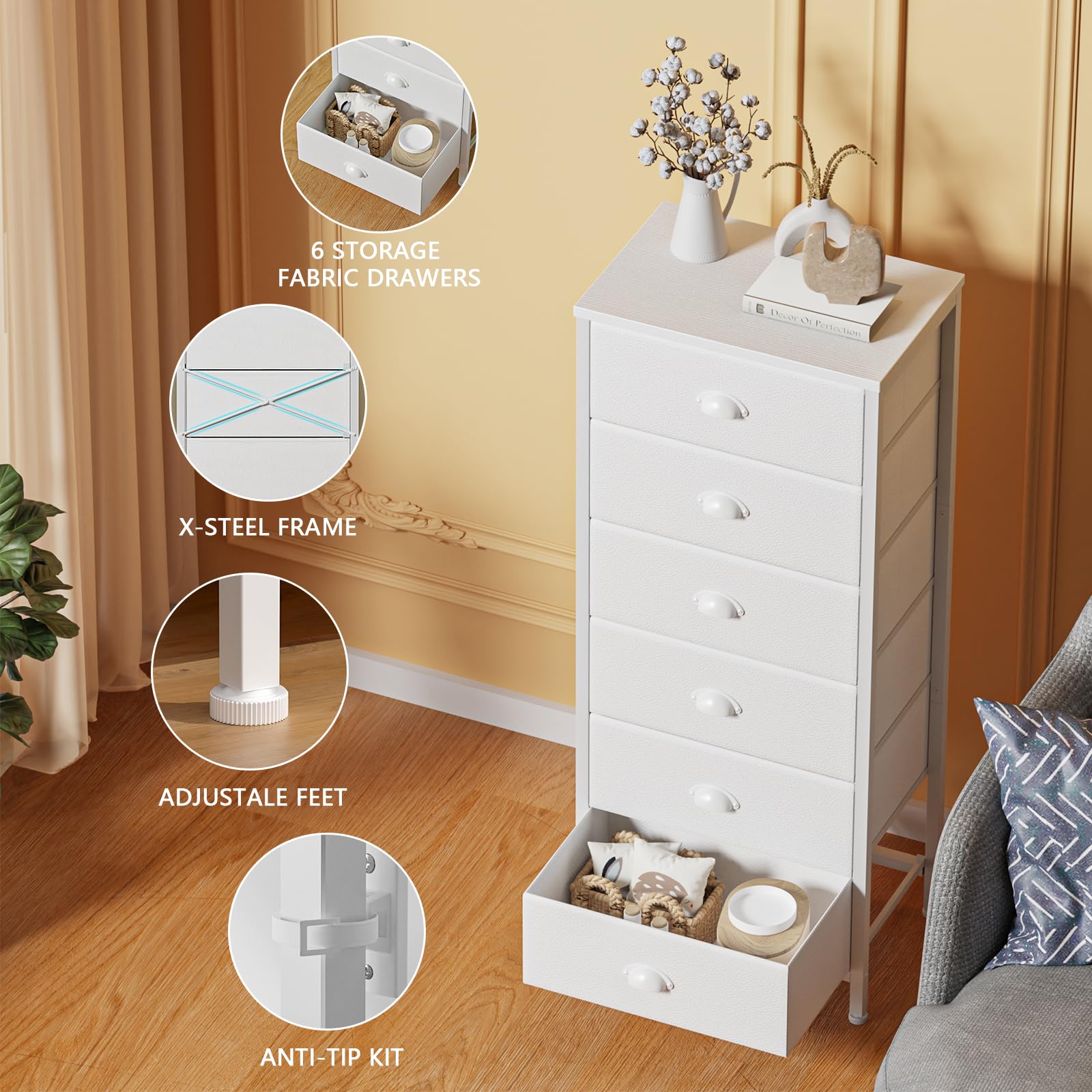 Furnulem White Tall Dresser for Bedroom - 6-Drawer Vertical Storage Tower & Nightstand with Fabric Organizer | Perfect for Bedroom, Living Room, Closet, Entryway & Hallway Organization