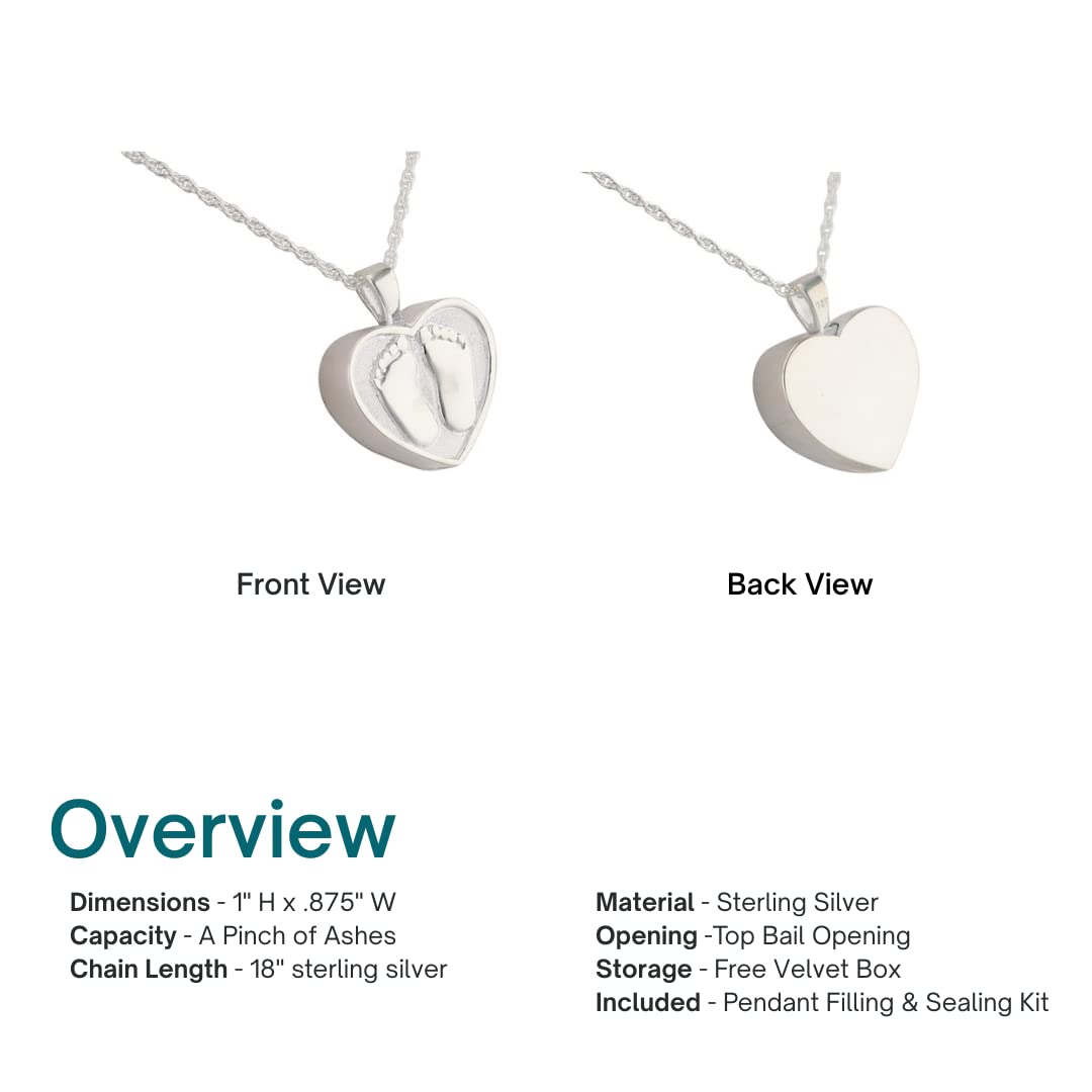 Sterling Silver Heart with Baby Feet Pendant Necklace - Cremation Jewelry for Ashes - Memorial Keepsake for Loved Ones - Perfect for Remembrance, Grieving & Special Occasions