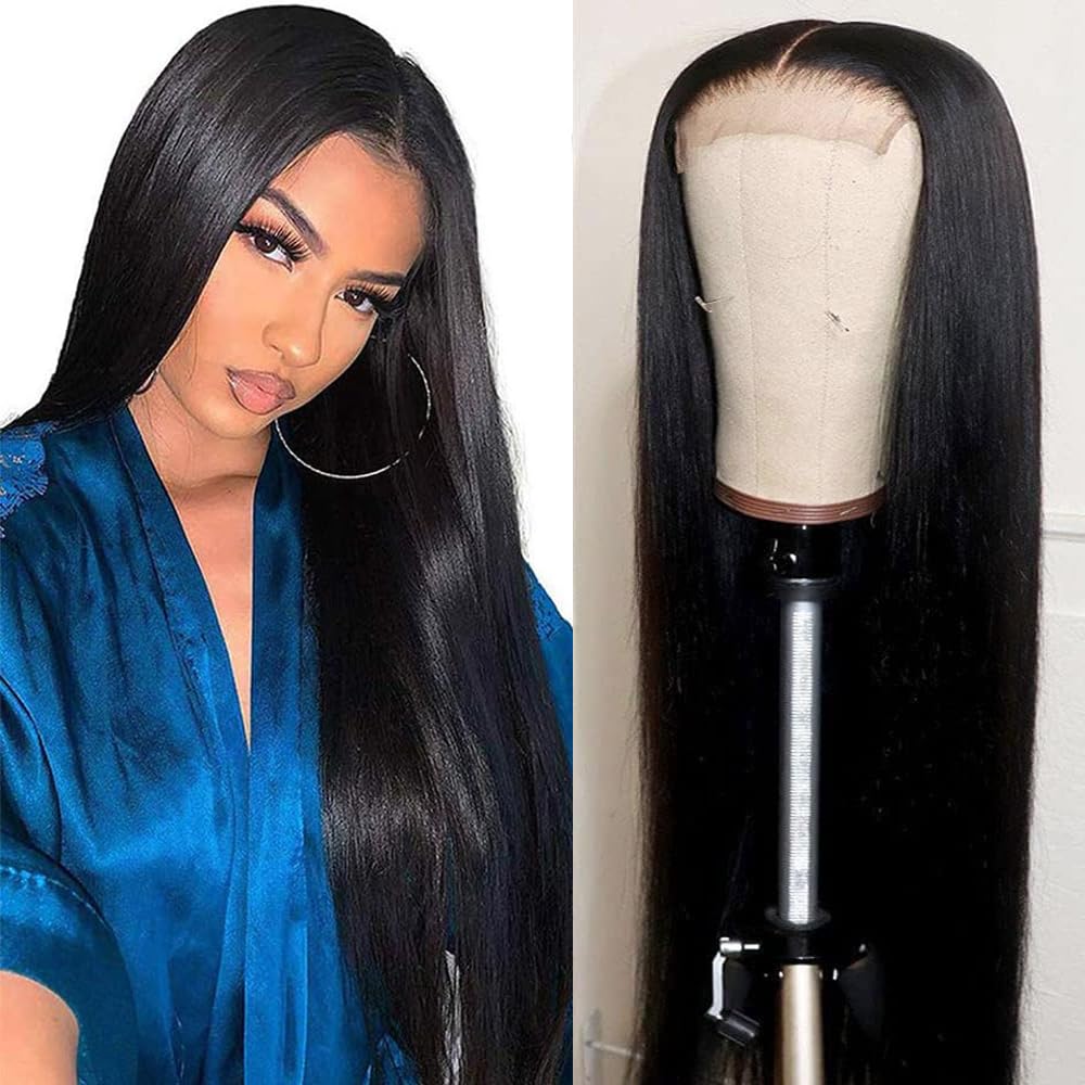 PORSMEER 24 Inch Long Black Lace Front Wig - Heat Resistant Synthetic Hair for Women, Natural Looking Straight Wig with Middle Parting | Perfect for Cosplay, Daily Wear & Special Occasions