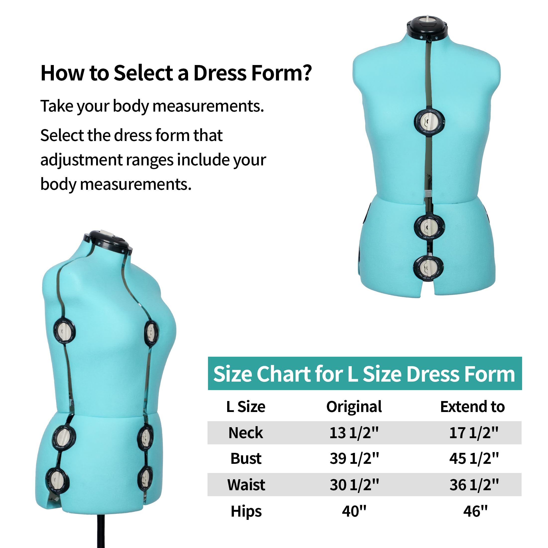 BHD BEAUTY Adjustable Dress Form Mannequin - 13 Dials, Turquoise Fabric, Tri-Pod Stand, Up to 70