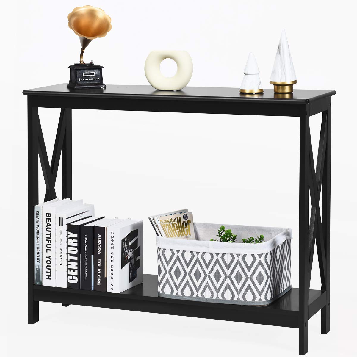 Giantex X-Design 2-Tier Console Table with Storage Shelf, Narrow Entryway Sofa Side Table for Hallway & Living Room - Perfect for Home Decor, Bookshelf & Accent Display (Black)