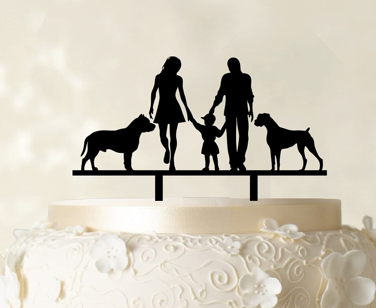 Custom Wedding Cake Topper with Family Silhouette - Bride, Groom, Child & Pets - 6