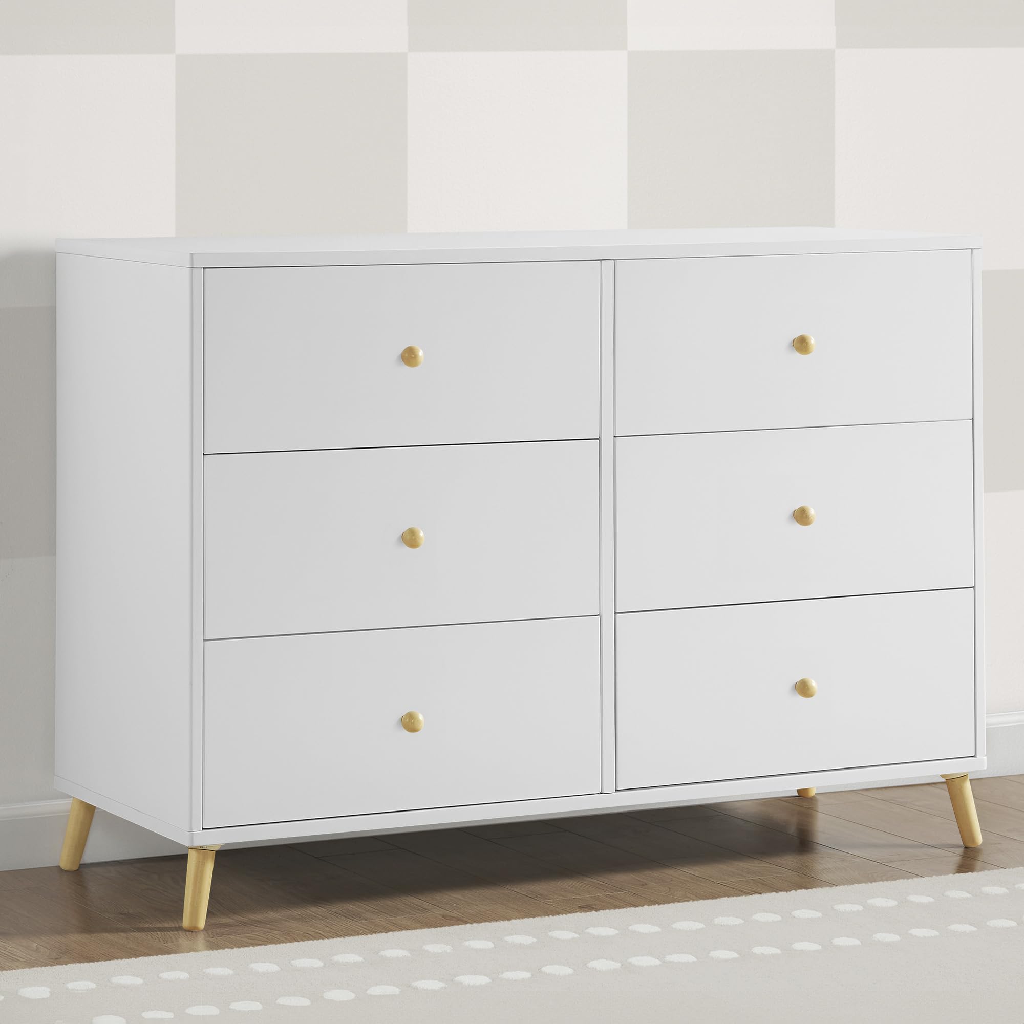Delta Children Essex 6-Drawer Dresser in Bianca White/Natural - Perfect for Nursery, Bedroom & Kids Room Organization