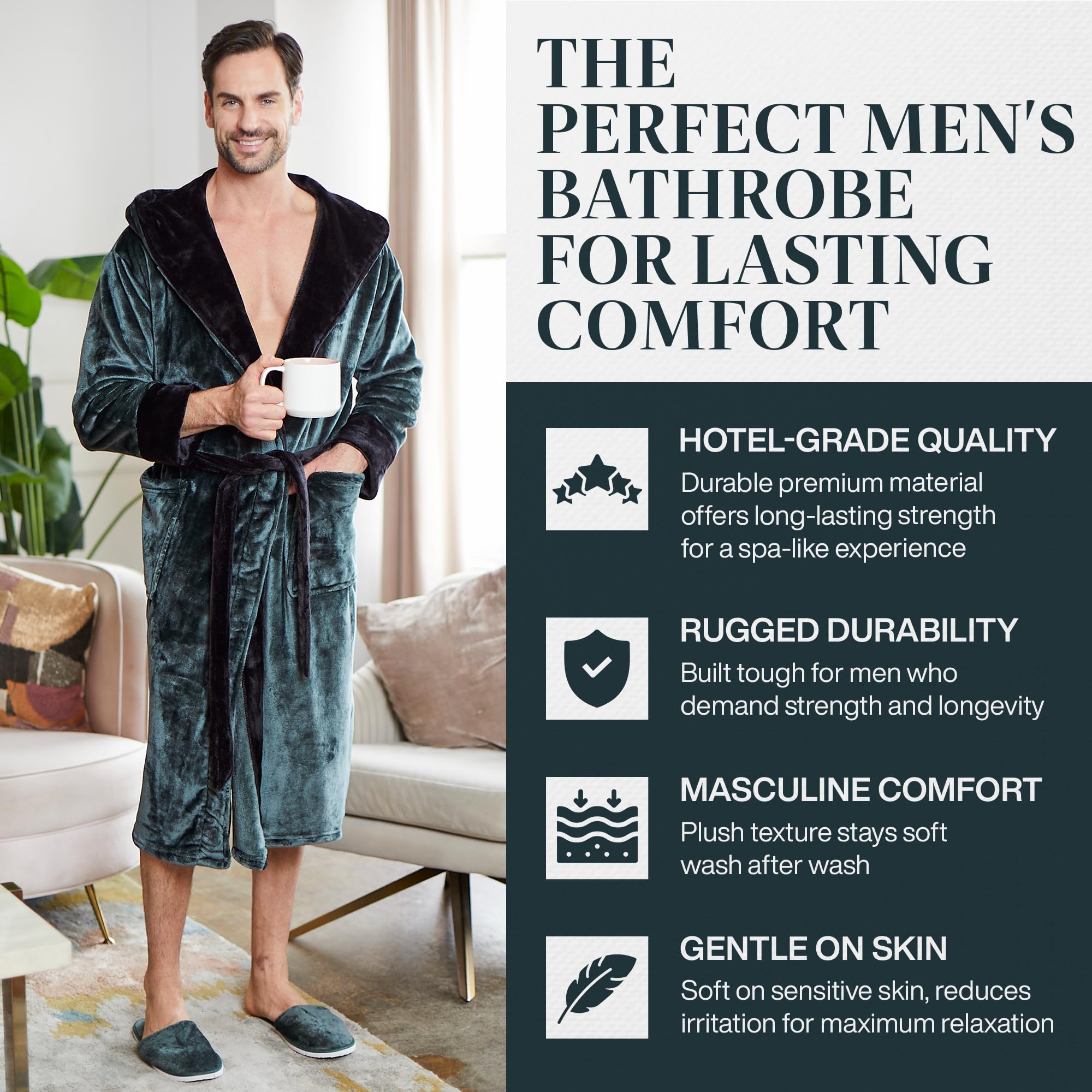 Premium Men's Plush Hooded Bathrobe - Ultra Soft Long Linen Robe for Spa, Lounge & Home Relaxation - Luxury Cotton Terry Cloth Robes for Men
