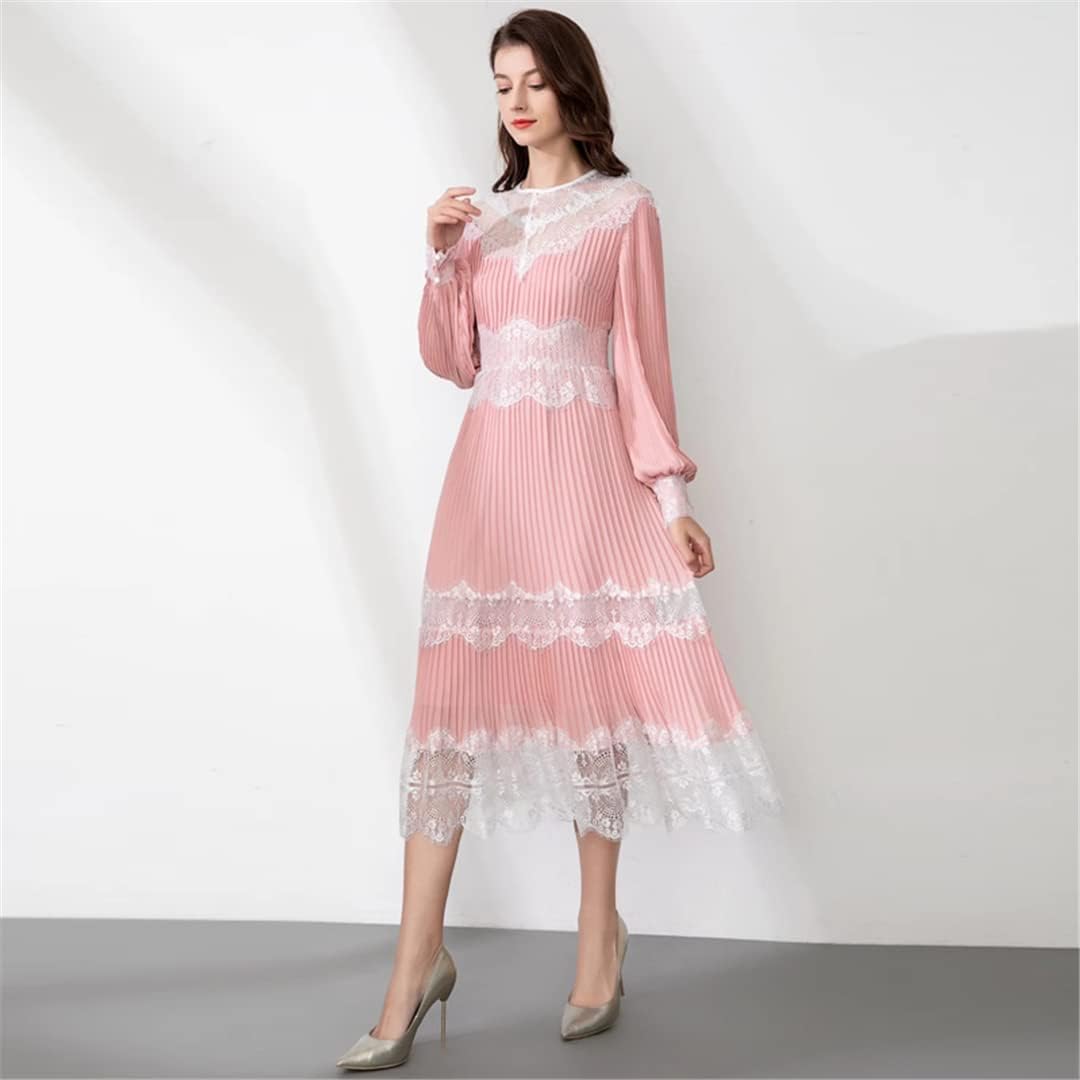 Elegant Women's Pleated Maxi Dress with Lantern Sleeves & Lace Patchwork - Pink & Black Flowy Party Dress for Spring/Autumn Weddings, Holidays & Special Occasions