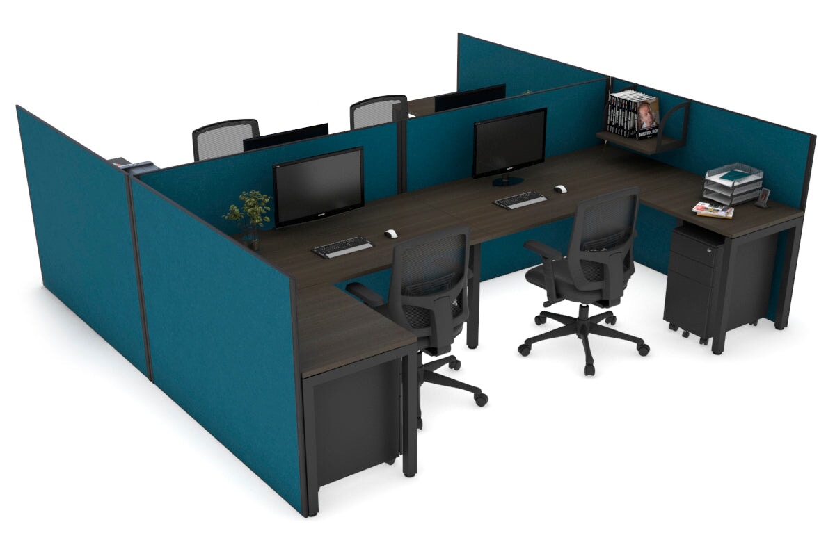 Quadro Square Legs 4-Person Corner Workstation - H Configuration Black Frame (1600L x 1800W with Cable Scallop) | Office & Conference Room Furniture for Collaborative Workspaces