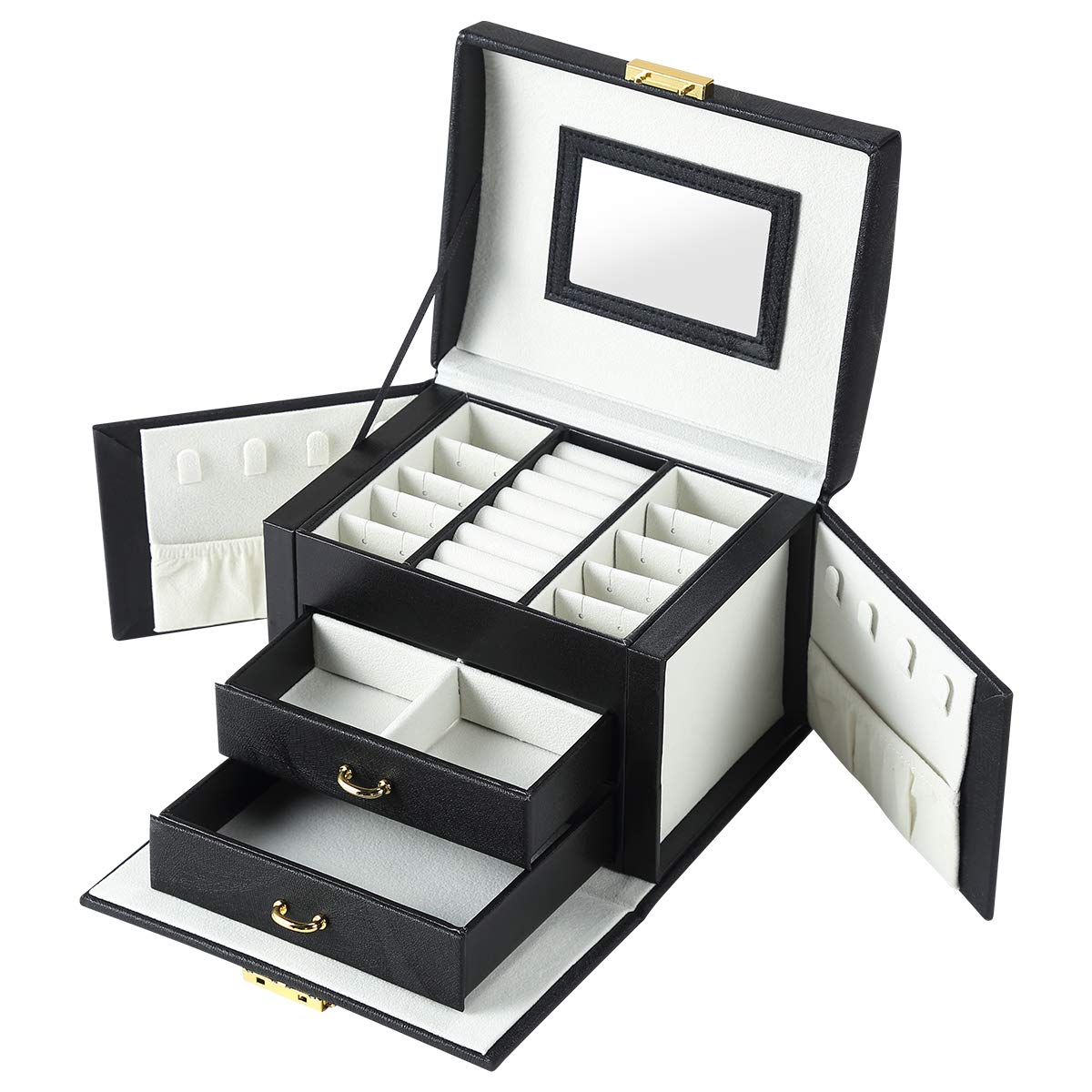 CASEGRACE 3-Layer Jewelry Organizer Box - PU Leather Lockable Storage Case with Mirror for Necklaces, Rings & Earrings - Perfect for Travel, Home & Gift Giving