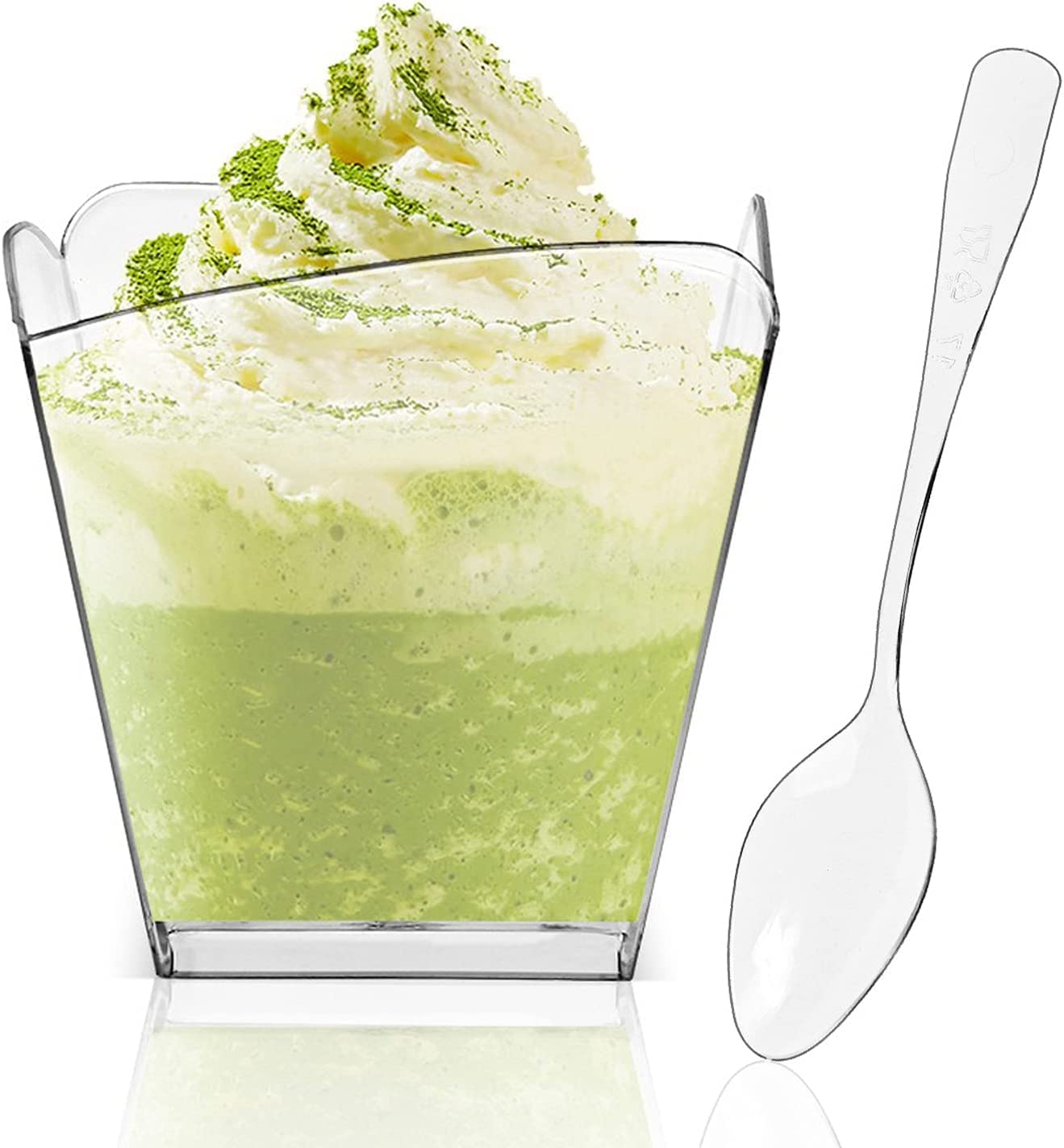 100 Pack 3.5 oz Clear Plastic Dessert Cups with 100 Tasting Spoons - Square Parfait Appetizer Cups for Party, Wedding, Catering & Events - Perfect for Ice Cream, Pudding, Jello, Fruit Salads & Dessert Displays