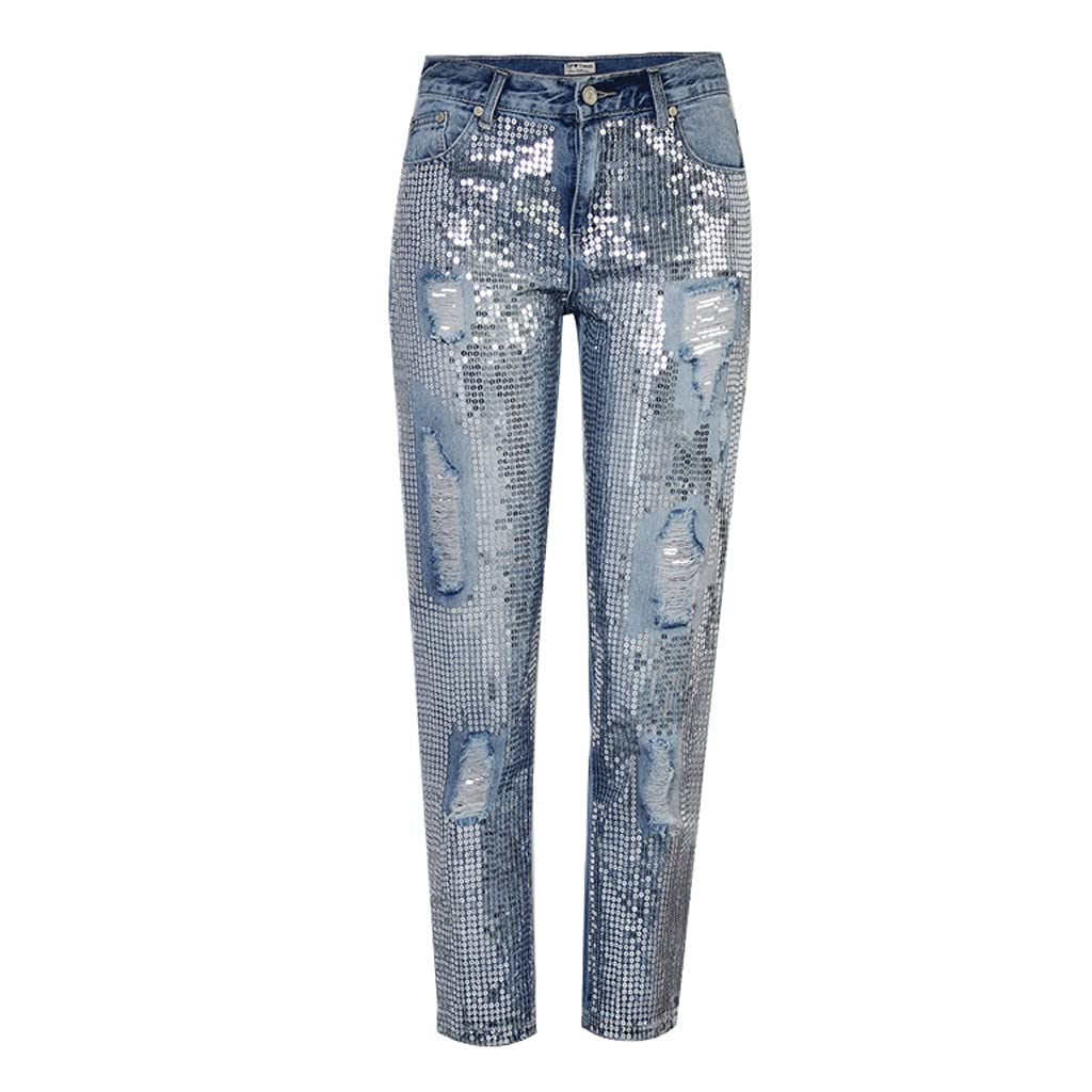 Women's Sequin Ripped Jeans - Streetwear Distressed Denim Pants with Zipper & Fringe Details (Blue, Size 3XL) | Casual Outing, Party Wear & Fashion Statement