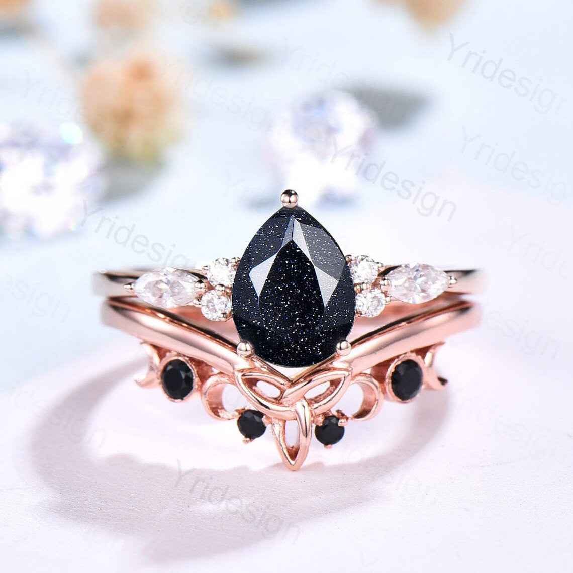 1.25CT Teardrop Star Blue Sandstone & Moissanite Viking Engagement Ring Set - 7 Stone Cluster Galaxy Design, Norse Inspired Stackable Rings for Women - Perfect for Wedding, Proposal, Anniversary & Boho Fashion Jewelry