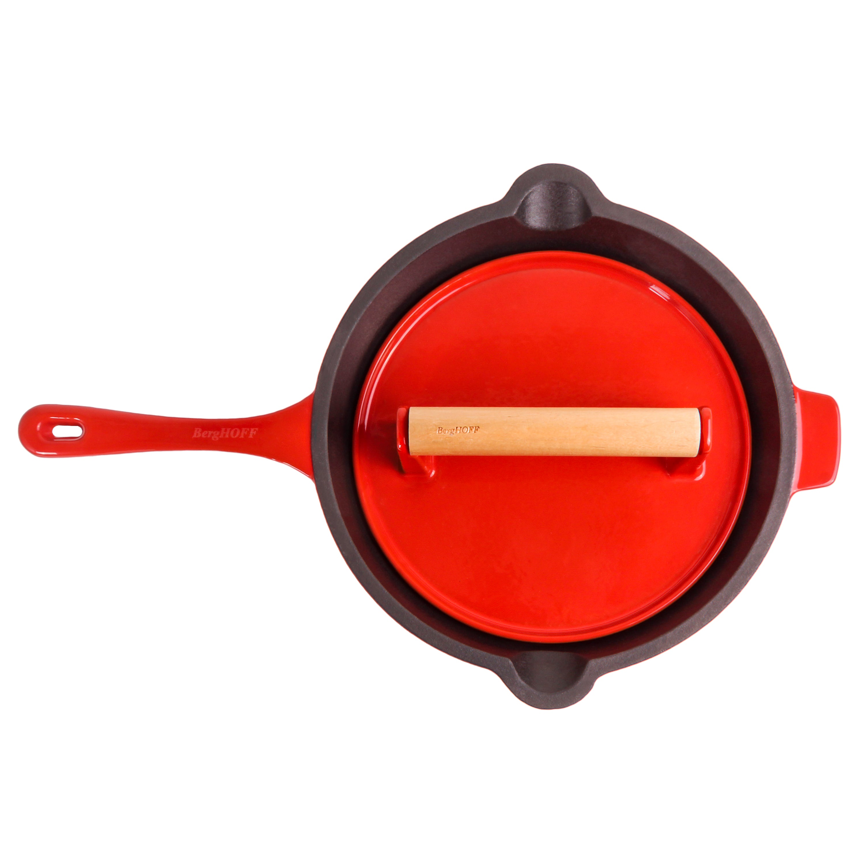 BergHOFF Neo 2-Piece Cast Iron 10-Inch Fry Pan Set with Steak Press, Red - Perfect for Grilling, Searing Steaks & Cooking Breakfast - Ideal for Home Chefs & Outdoor Cooking