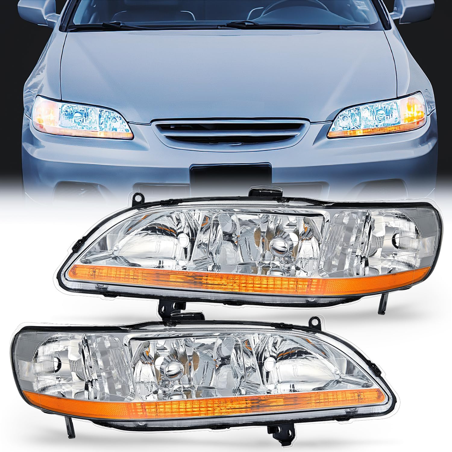 1998-2002 Honda Accord Headlight Assembly - Chrome Housing with Amber Reflector & Clear Lens - Direct Replacement for Improved Night Visibility