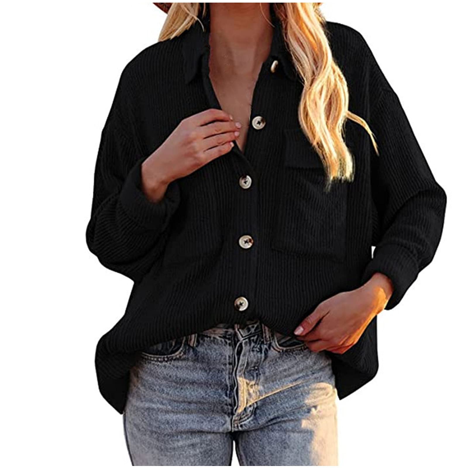 INESVER Women's Long Sleeve Button Down Blouse - Casual Loose Fit Solid Color Shirt with Turn-Down Collar - Office Work, Date Night & Everyday Wear (Black)