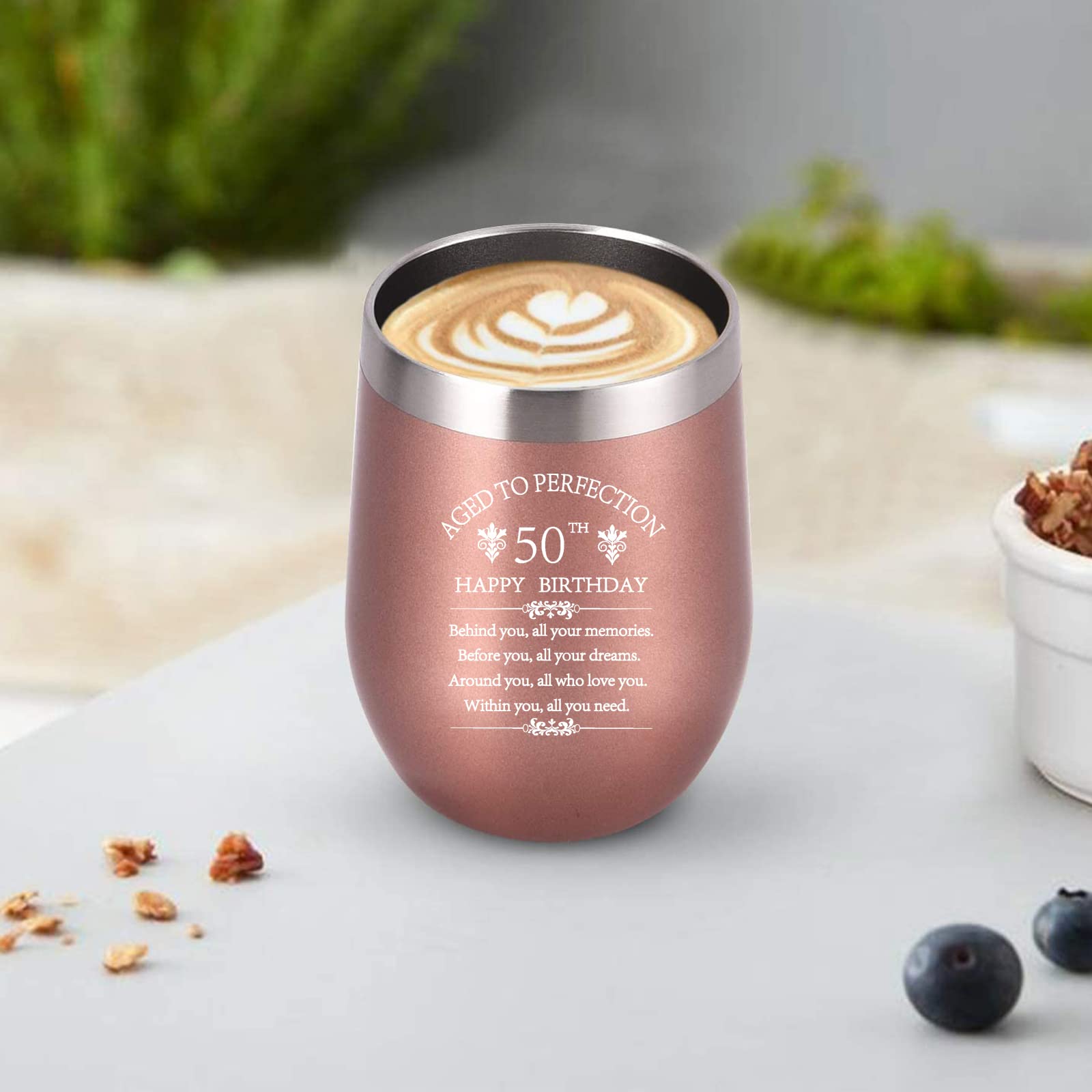 50th Birthday Gift for Women & Men - 12oz Rose Gold Stainless Steel Wine Tumbler with Double Wall Insulation | 50 Years Old Anniversary Present for Wife, Husband, Mom, Dad, Sister or Aunt | Perfect for Celebrations, Parties & Daily Use