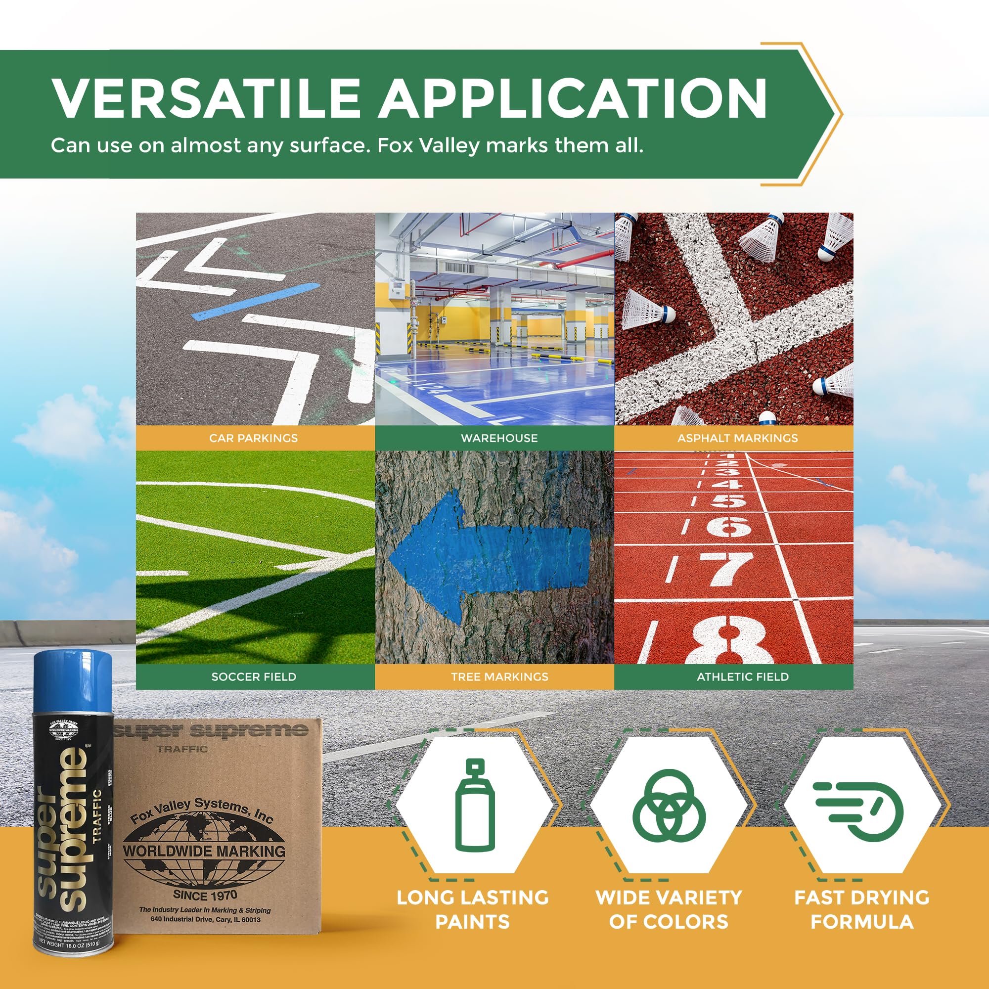 Fox Valley Super Supreme Traffic Spray Paint - 18 oz (Pack of 12), Blue - High-Performance Road Marking Paint for Parking Lots, Sidewalks, Warehouses & Factory Floors - Easy to Use, Durable & Weather-Resistant - Perfect for DIY Projects & Professional Road Maintenance