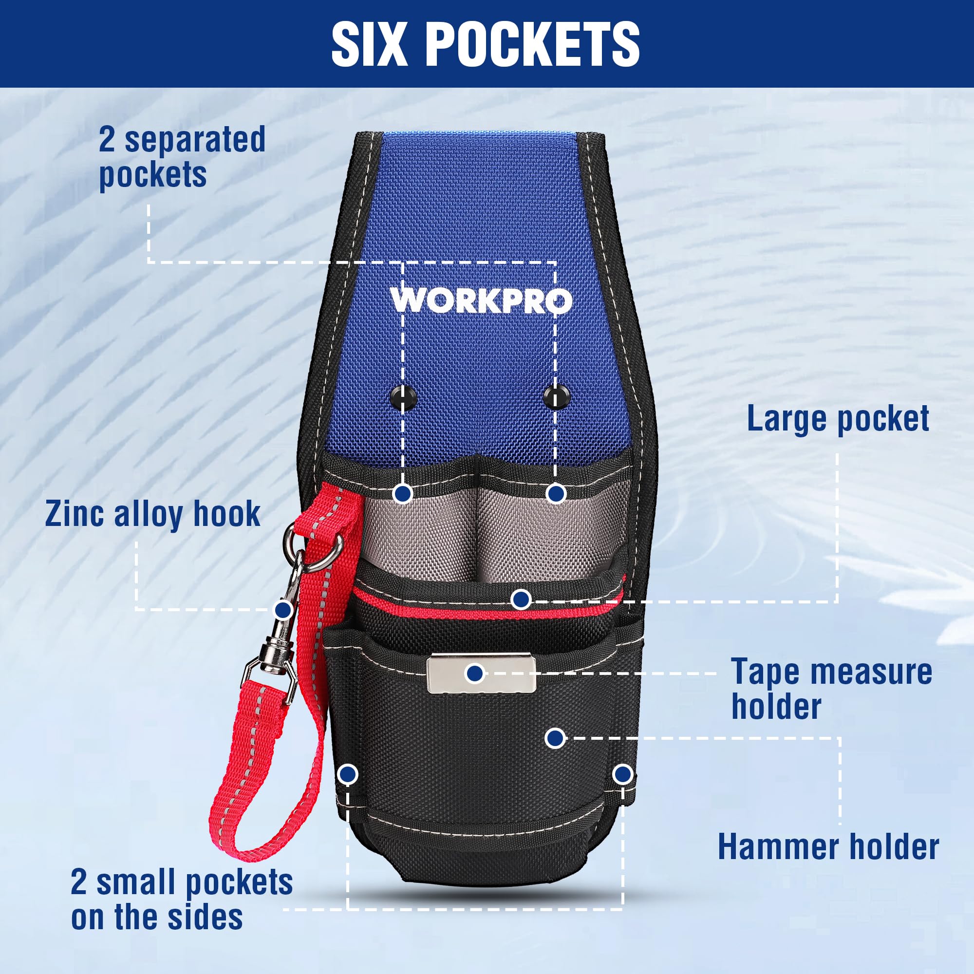 WORKPRO Electrician Tool Pouch - Professional Compact Tool Holder with 6 Pockets, 1680D Oxford Fabric & Zinc Alloy Hook - Durable Utility Tool Bag for Electricians, Plumbers, HVAC Technicians - Perfect for Construction, Home Repairs and DIY Projects